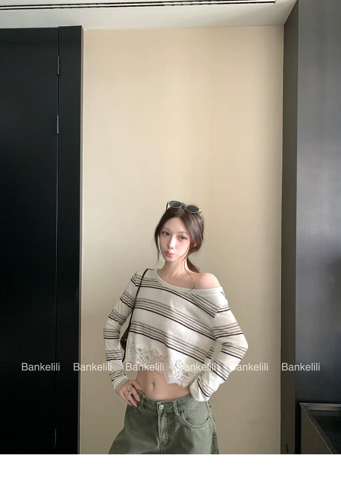 밤나무 코코아 bankelili Jiao 욕망 그리드 새싹 m1u 부서 레이스 조각 긴팔 티셔츠 여성 얇은 스타일 자외선 차단 여성 상세 이미지 1