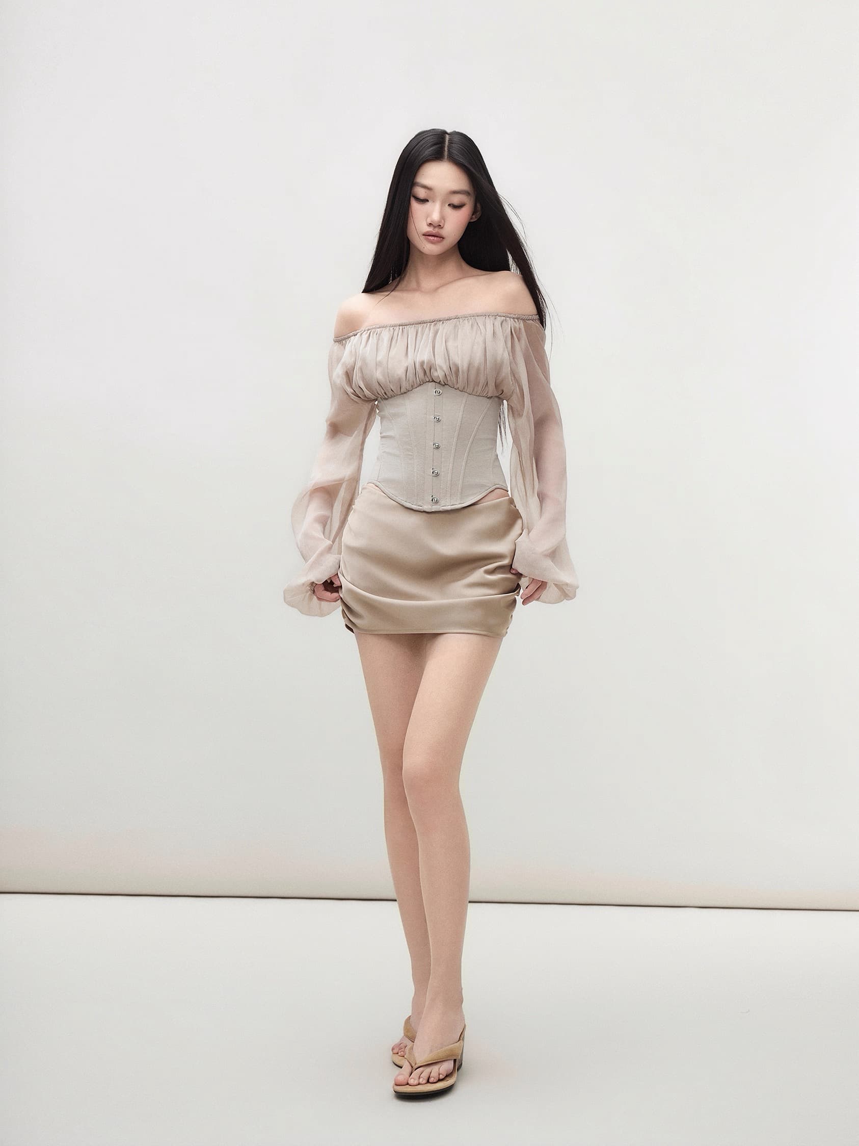 matin gris 오프숄더 패치워크 생선뼈 허리 수축 티셔츠 단추 오프숄더 마이크로 ~을 통해 긴팔 캐주얼 몸매 가꾸기 맨위 상세 이미지 5
