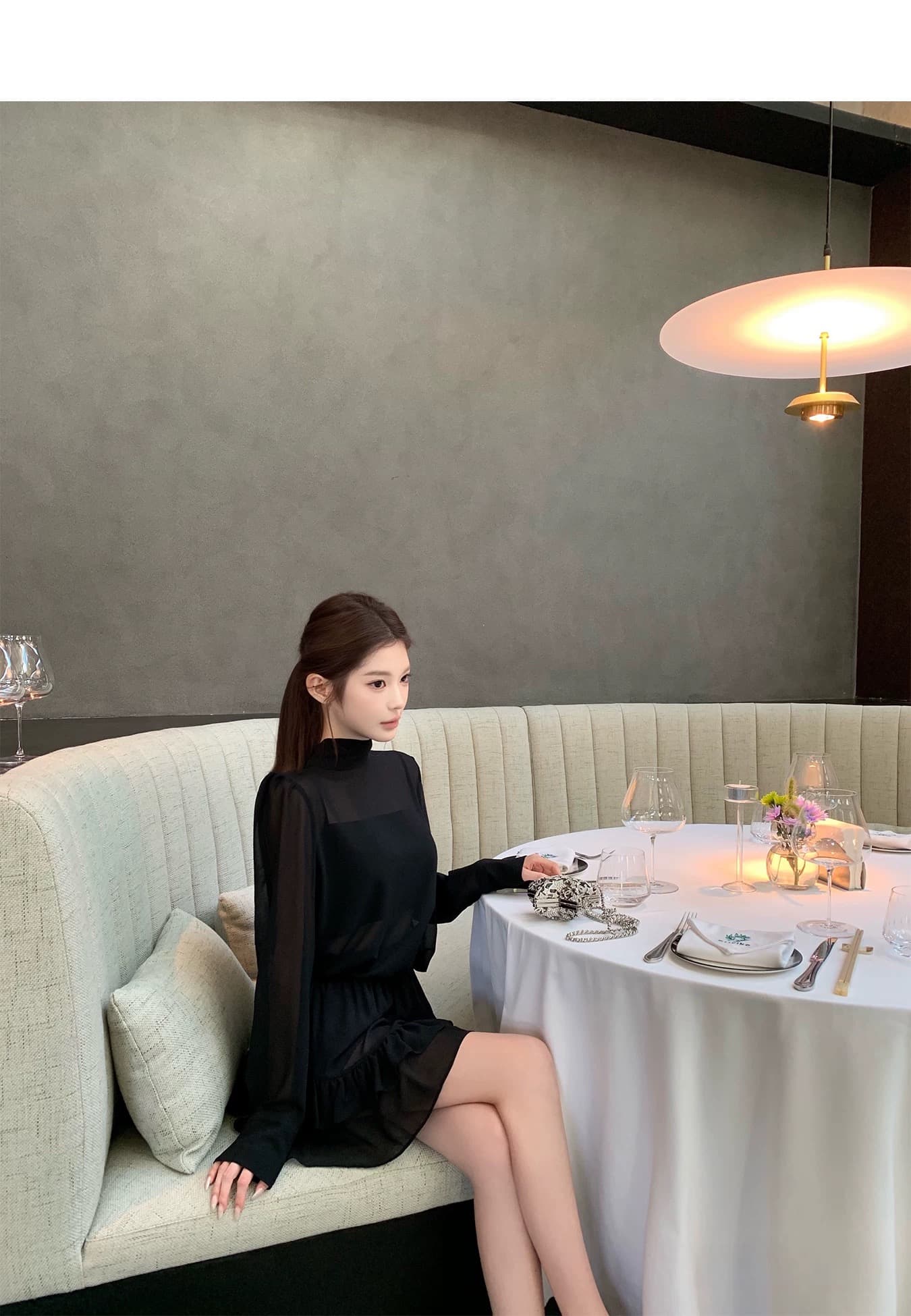 chicyou 지붕 품격 아름다움 검정색 쉬폰 긴팔 셔츠 연꽃 잎 미니 스커트 이미지 4