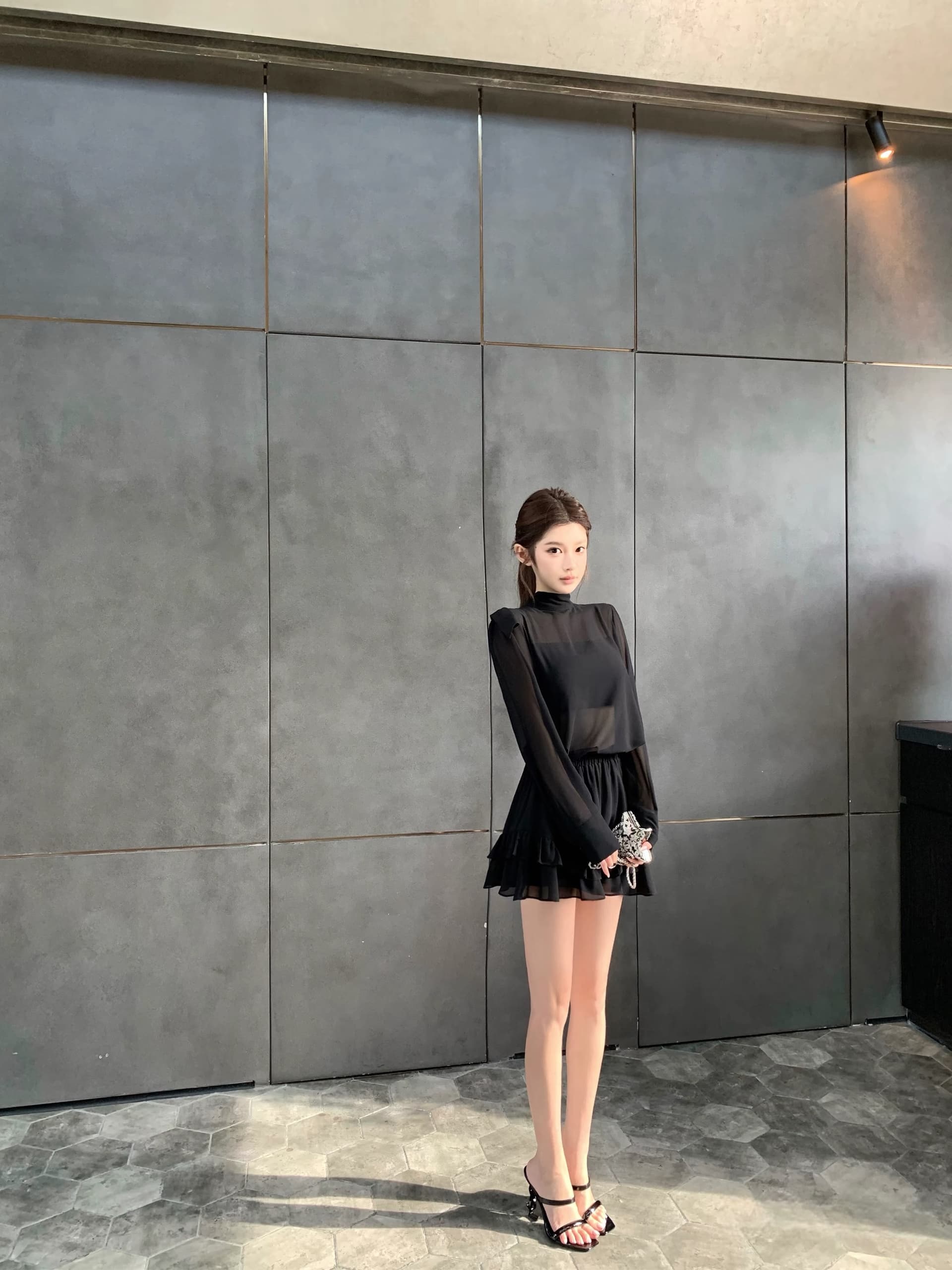 chicyou 지붕 품격 아름다움 검정색 쉬폰 긴팔 셔츠 연꽃 잎 미니 스커트 상세 이미지 4