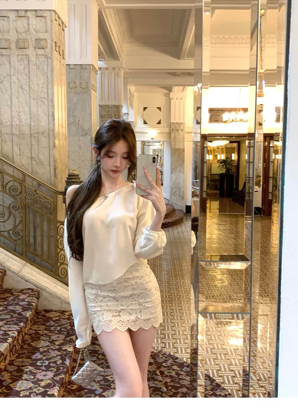 kubiliv 화이트 리 연애 편지 맞춤 새틴 오프숄더 맨위 무거운 작업 레이스 반신 스커트 비싼 가스 세트 상세 이미지 2