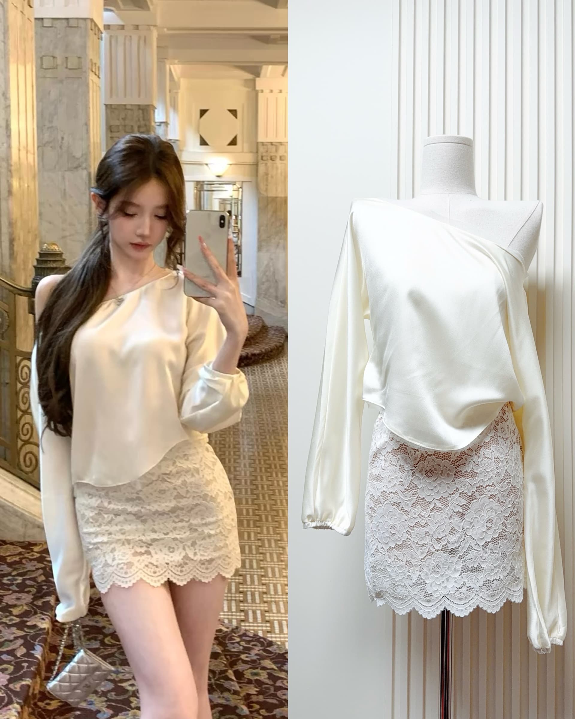 kubiliv 화이트 리 연애 편지 맞춤 새틴 오프숄더 맨위 무거운 작업 레이스 반신 스커트 비싼 가스 세트