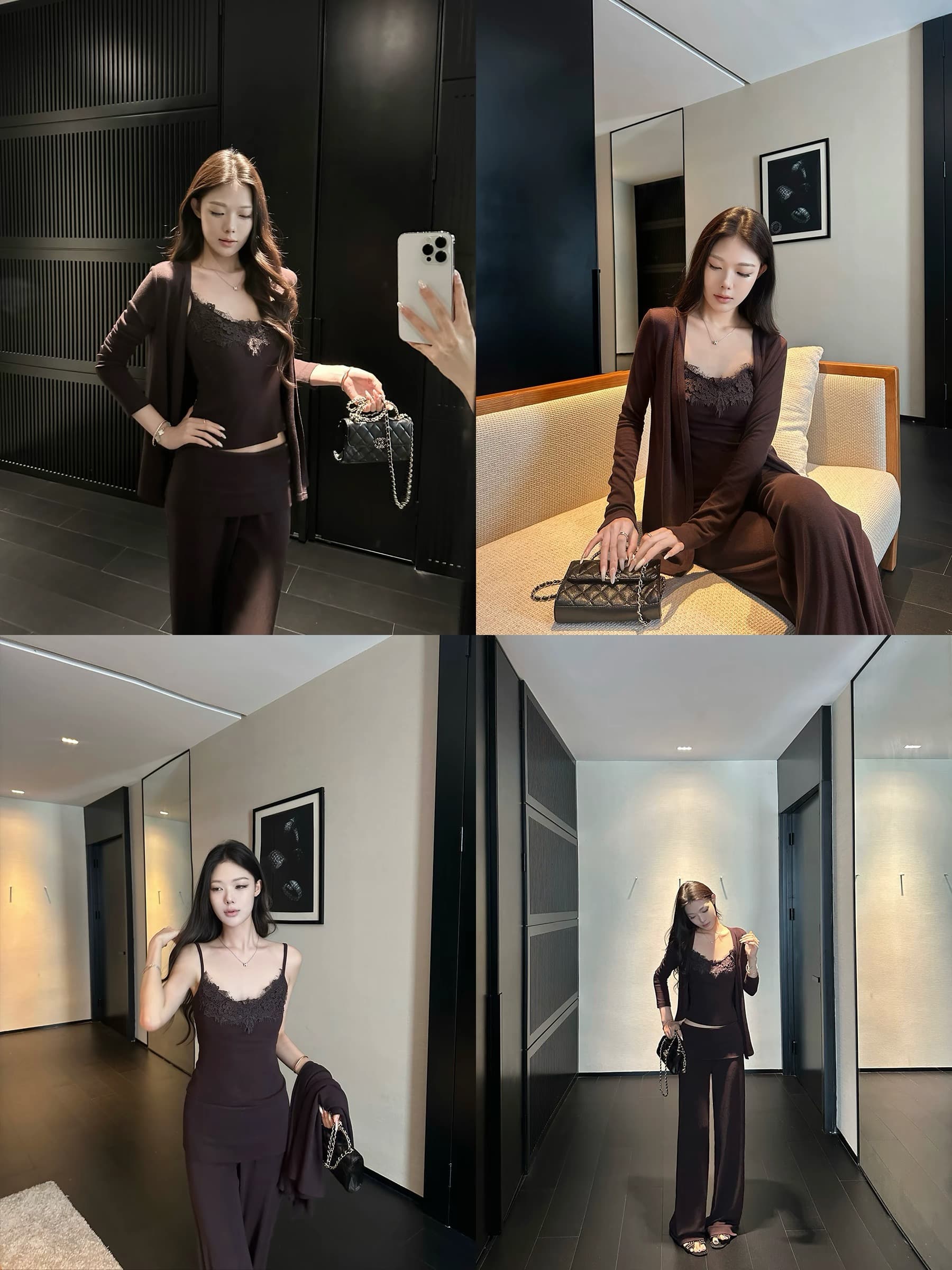 5werkwen 순수한 욕망 주간 접시 레이스 세트 그룹 순수한 욕망 자매 센스 오픈 가디건 슬립 뒤집다 허리 스트레이트 팬츠 3종 세트