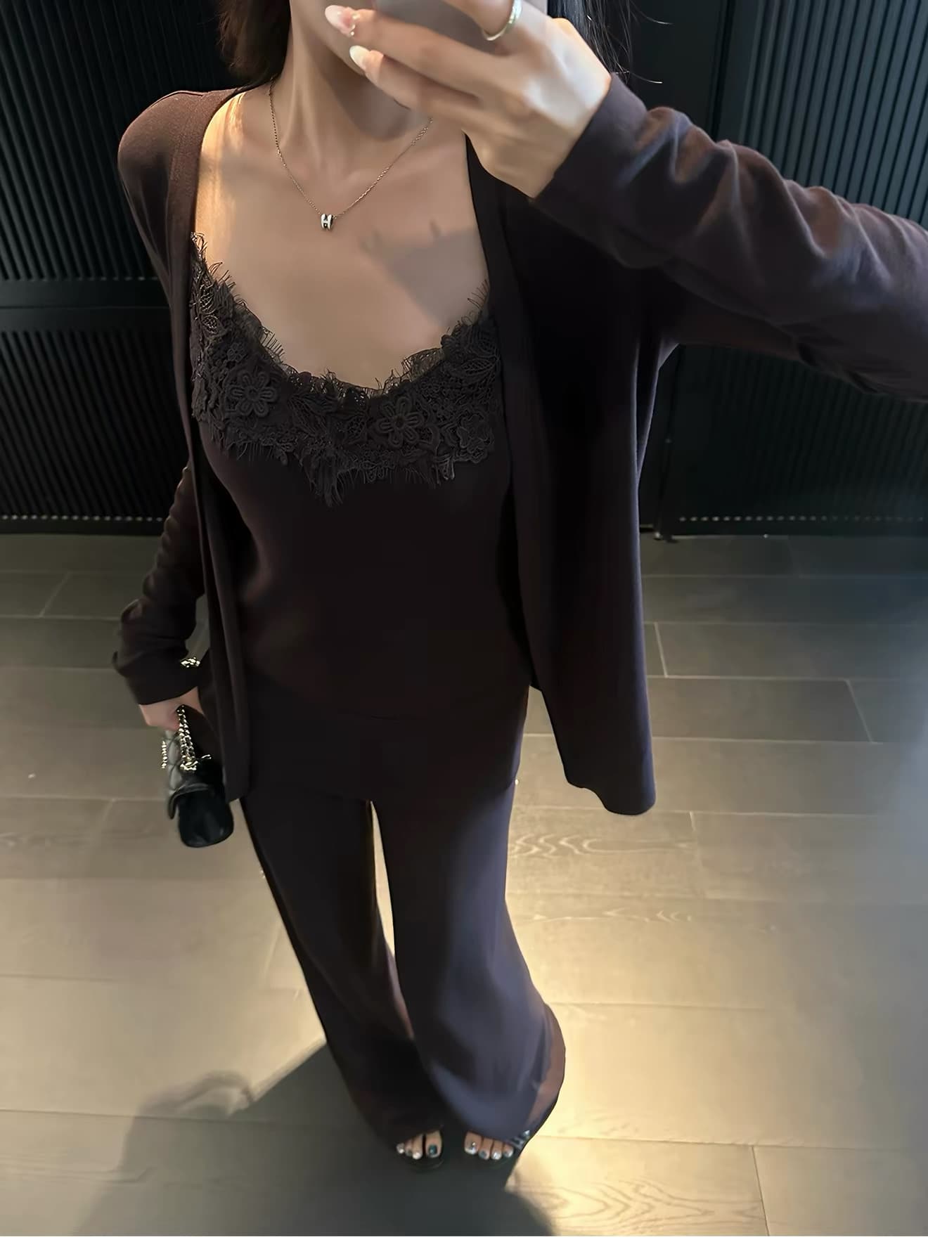5werkwen 순수한 욕망 주간 접시 레이스 세트 그룹 순수한 욕망 자매 센스 오픈 가디건 슬립 뒤집다 허리 스트레이트 팬츠 3종 세트 이미지 3