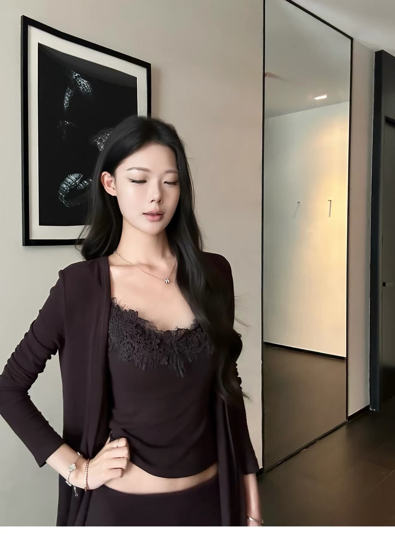 5werkwen 순수한 욕망 주간 접시 레이스 세트 그룹 순수한 욕망 자매 센스 오픈 가디건 슬립 뒤집다 허리 스트레이트 팬츠 3종 세트 상세 이미지 4