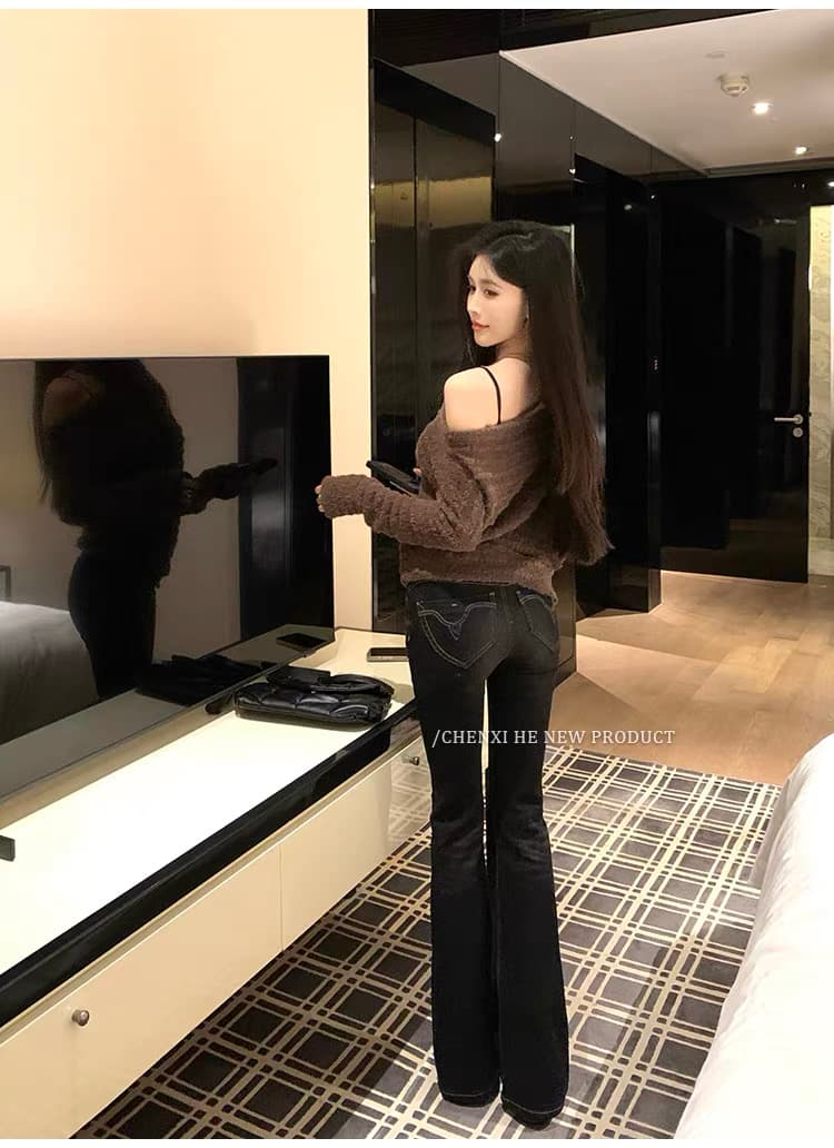 그는 아침 검정색 몸매 가꾸기 마이크로 나팔 청바지 여성 봄 새로운 아메리칸 핫걸 하이웨이스트 리프트 엉덩이 호스 슈 바지 상세 이미지 1