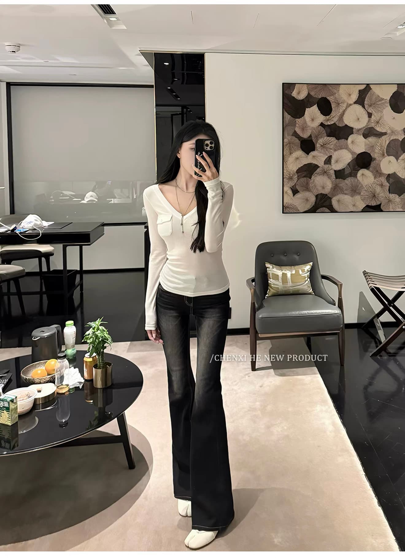 그는 아침 검정색 몸매 가꾸기 마이크로 나팔 청바지 여성 봄 새로운 아메리칸 핫걸 하이웨이스트 리프트 엉덩이 호스 슈 바지 상세 이미지 2
