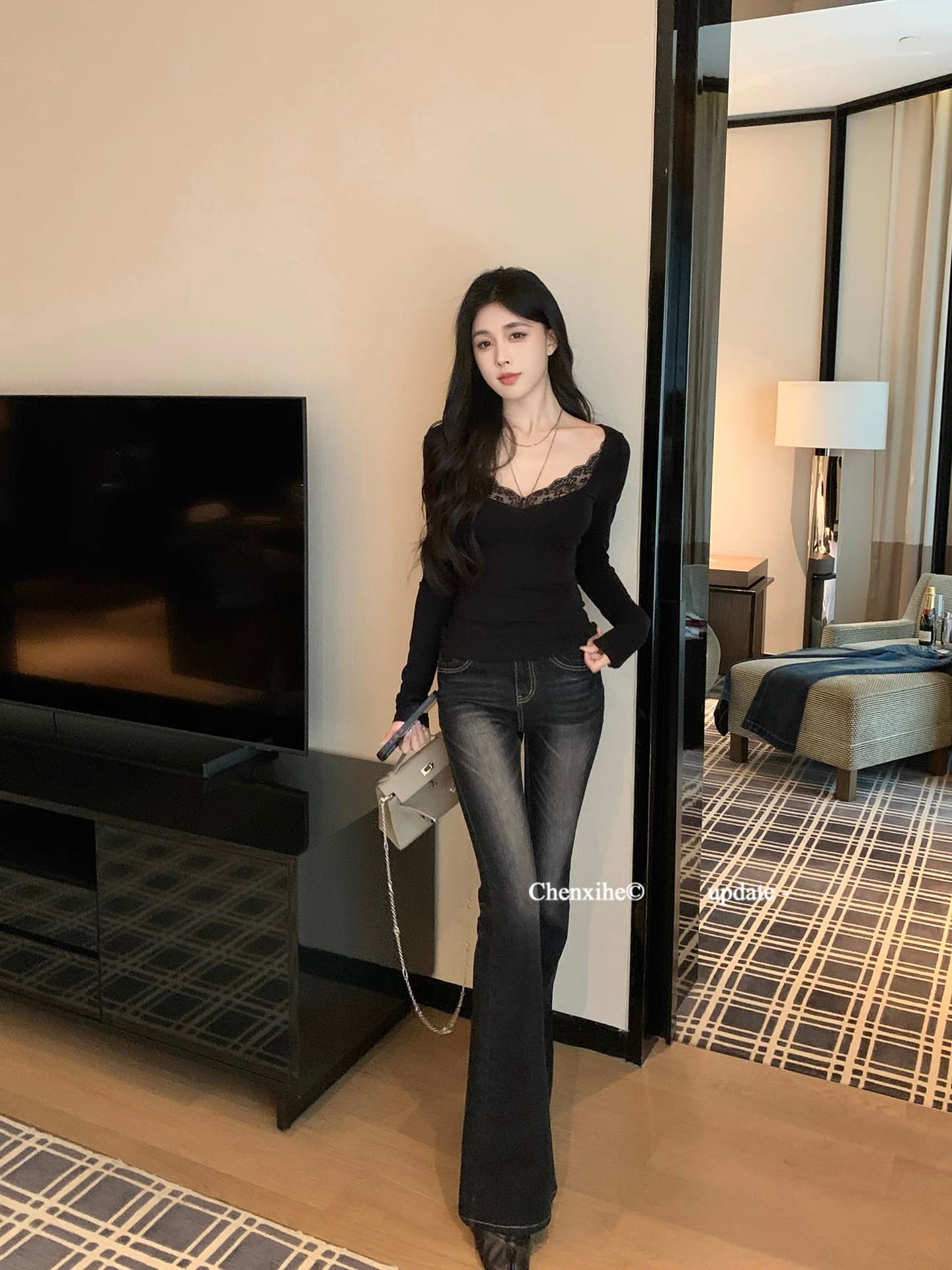 그는 아침 검정색 몸매 가꾸기 마이크로 나팔 청바지 여성 봄 새로운 아메리칸 핫걸 하이웨이스트 리프트 엉덩이 호스 슈 바지 상세 이미지 3