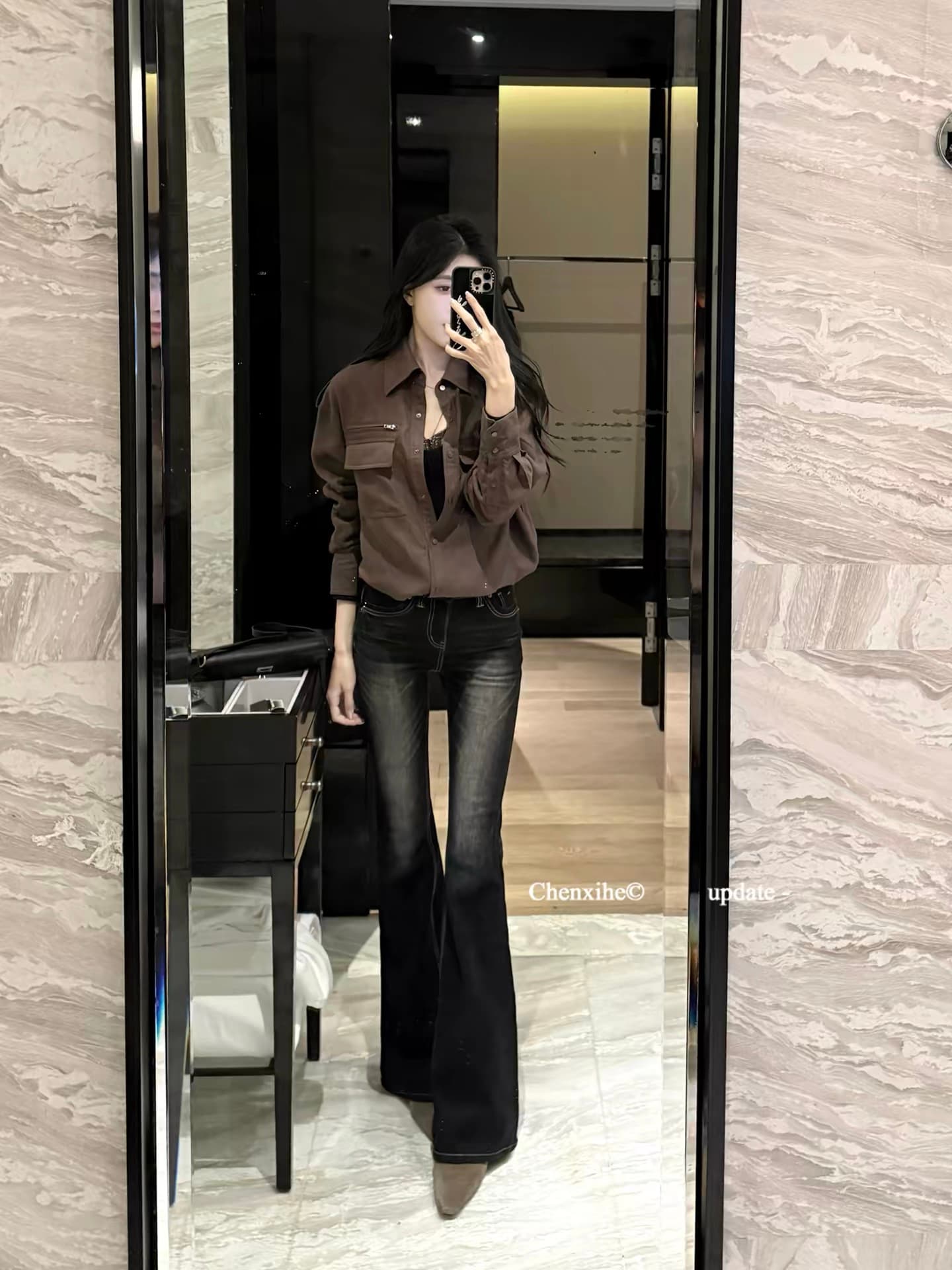 그는 아침 검정색 몸매 가꾸기 마이크로 나팔 청바지 여성 봄 새로운 아메리칸 핫걸 하이웨이스트 리프트 엉덩이 호스 슈 바지 상세 이미지 4