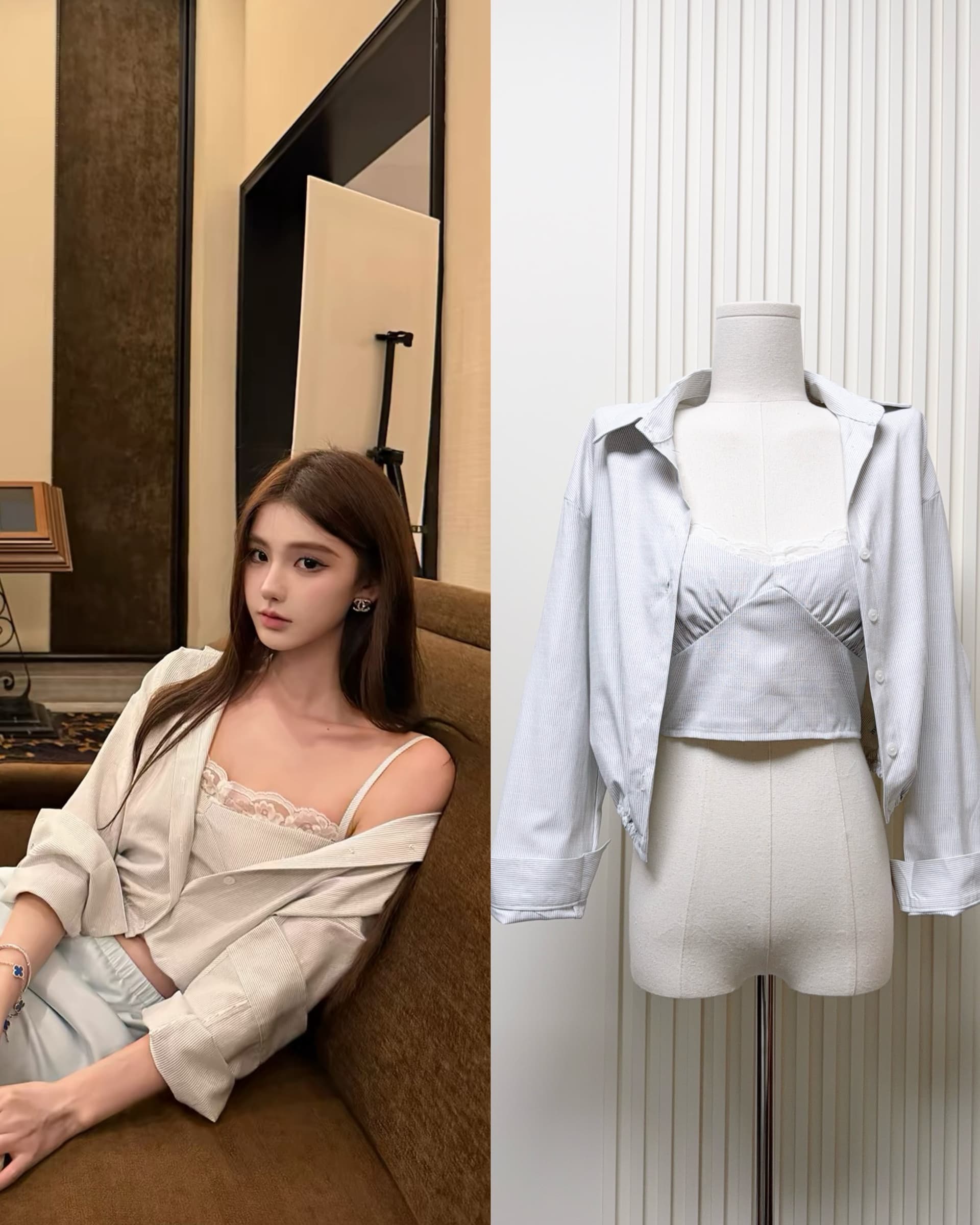 okmashop 블루스 리콜 꿈 스트라이프 세트 여성 여름 몸매 가꾸기 레이스 슬립 맨위 셔츠 투피스 세트