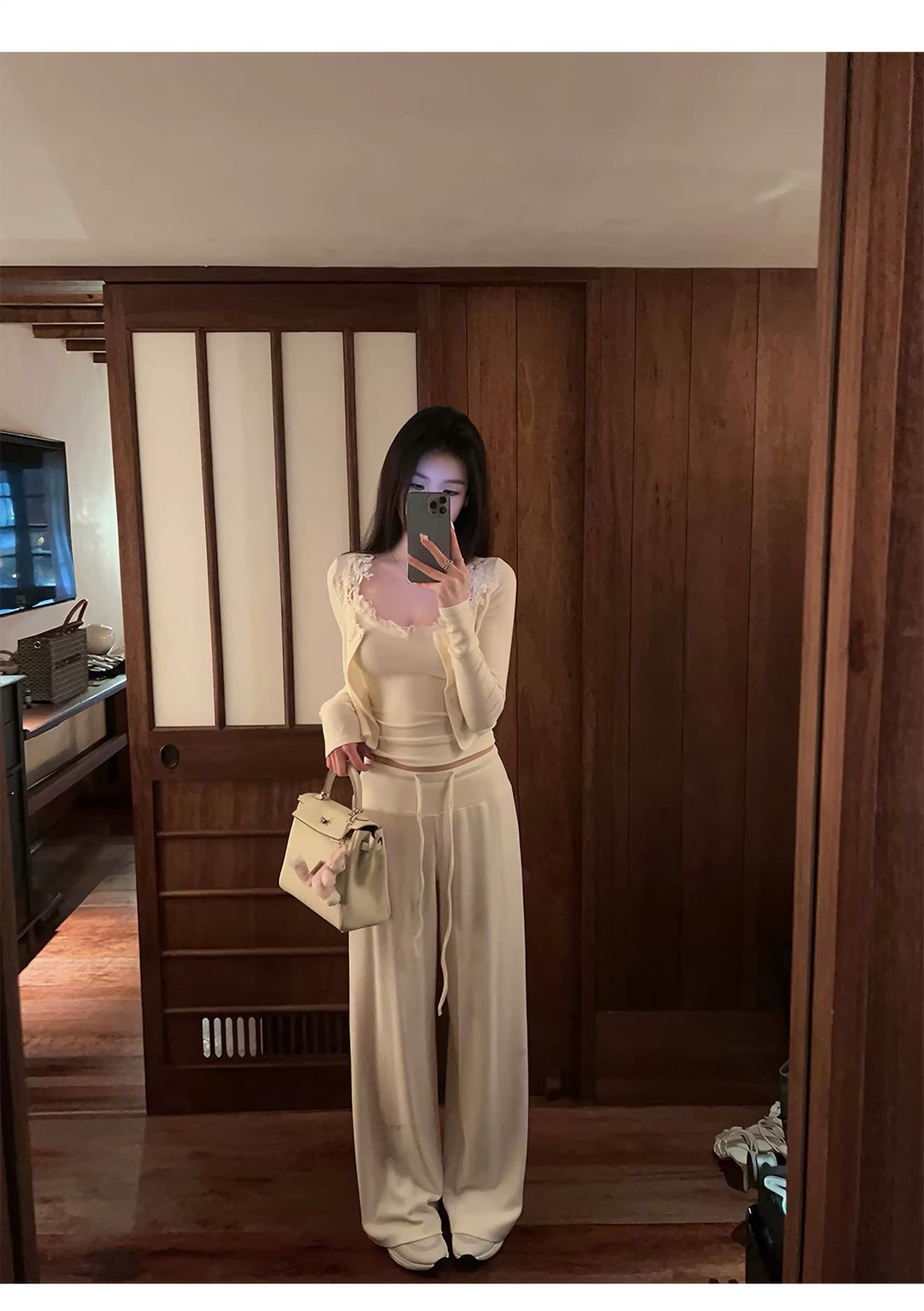 fairyjiang 얇은 스타일 화이트 자수 레이스 카디건 코트 세트 여성 여름 인사이드 가져 가라. 캐미솔 투피스 세트 상세 이미지 1