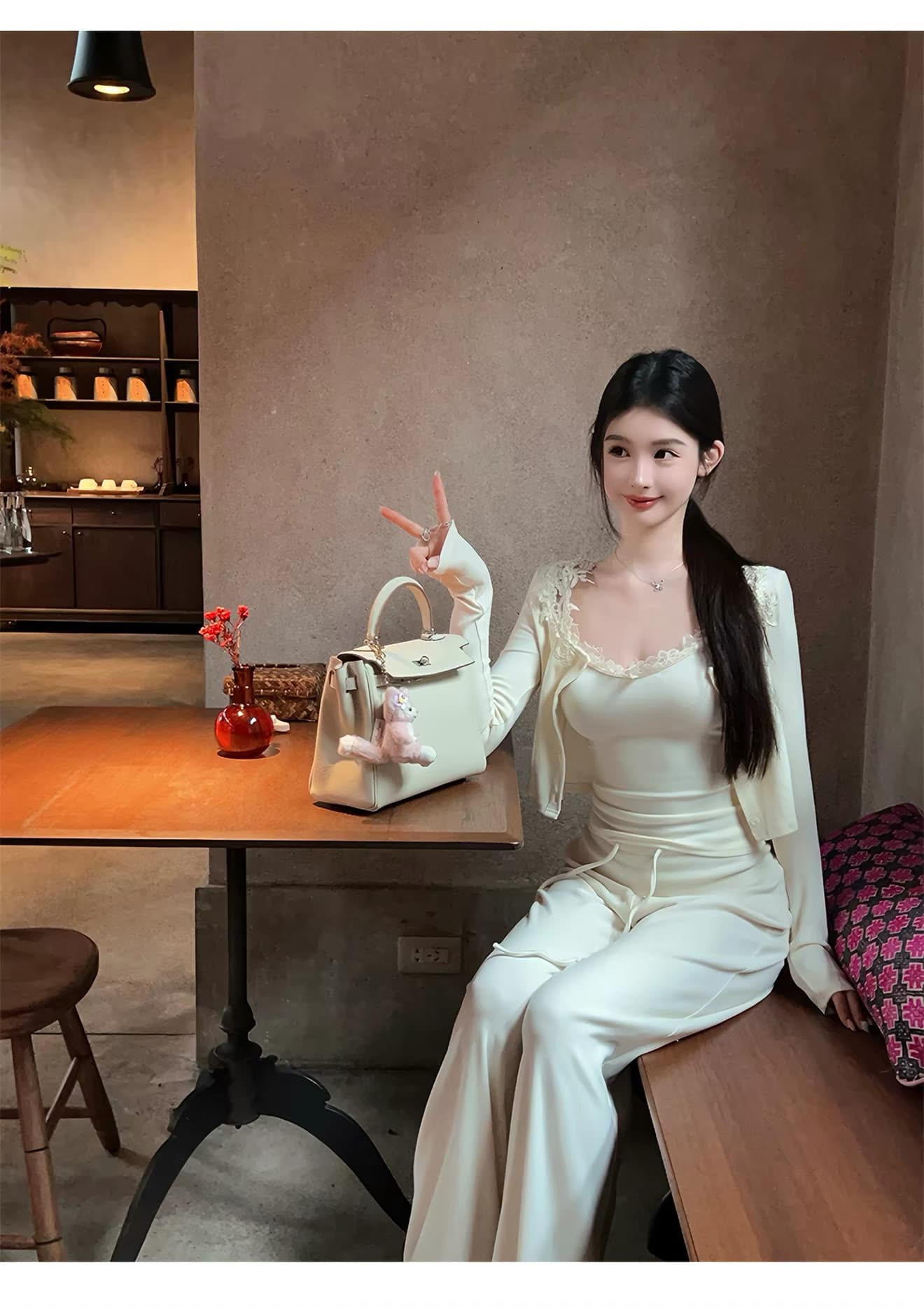 fairyjiang 얇은 스타일 화이트 자수 레이스 카디건 코트 세트 여성 여름 인사이드 가져 가라. 캐미솔 투피스 세트 상세 이미지 2