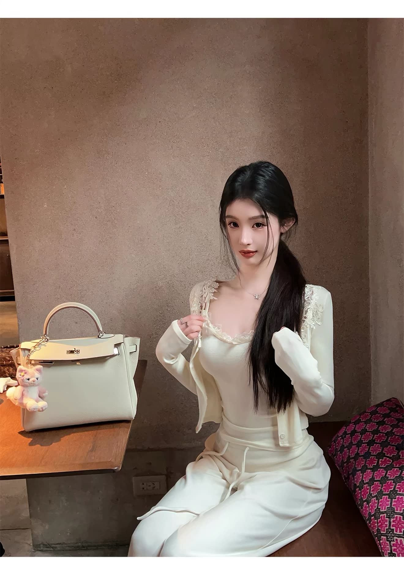fairyjiang 얇은 스타일 화이트 자수 레이스 카디건 코트 세트 여성 여름 인사이드 가져 가라. 캐미솔 투피스 세트 상세 이미지 3