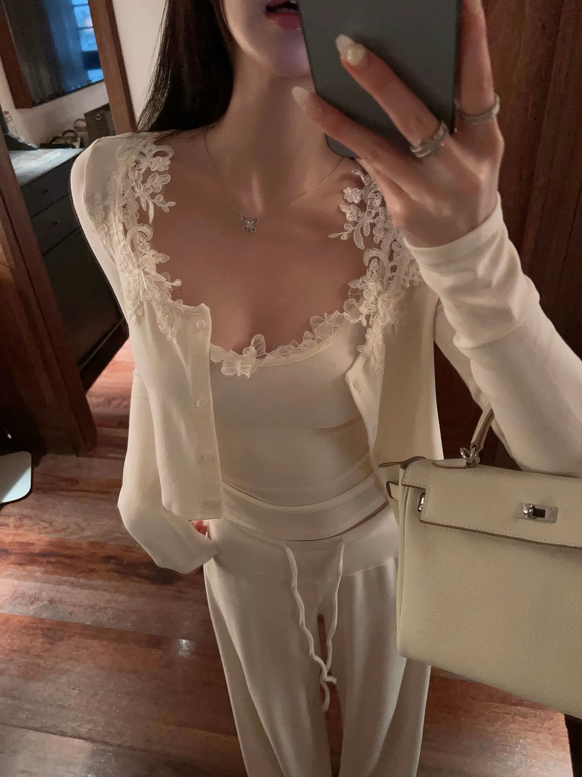 fairyjiang 얇은 스타일 화이트 자수 레이스 카디건 코트 세트 여성 여름 인사이드 가져 가라. 캐미솔 투피스 세트 상세 이미지 4
