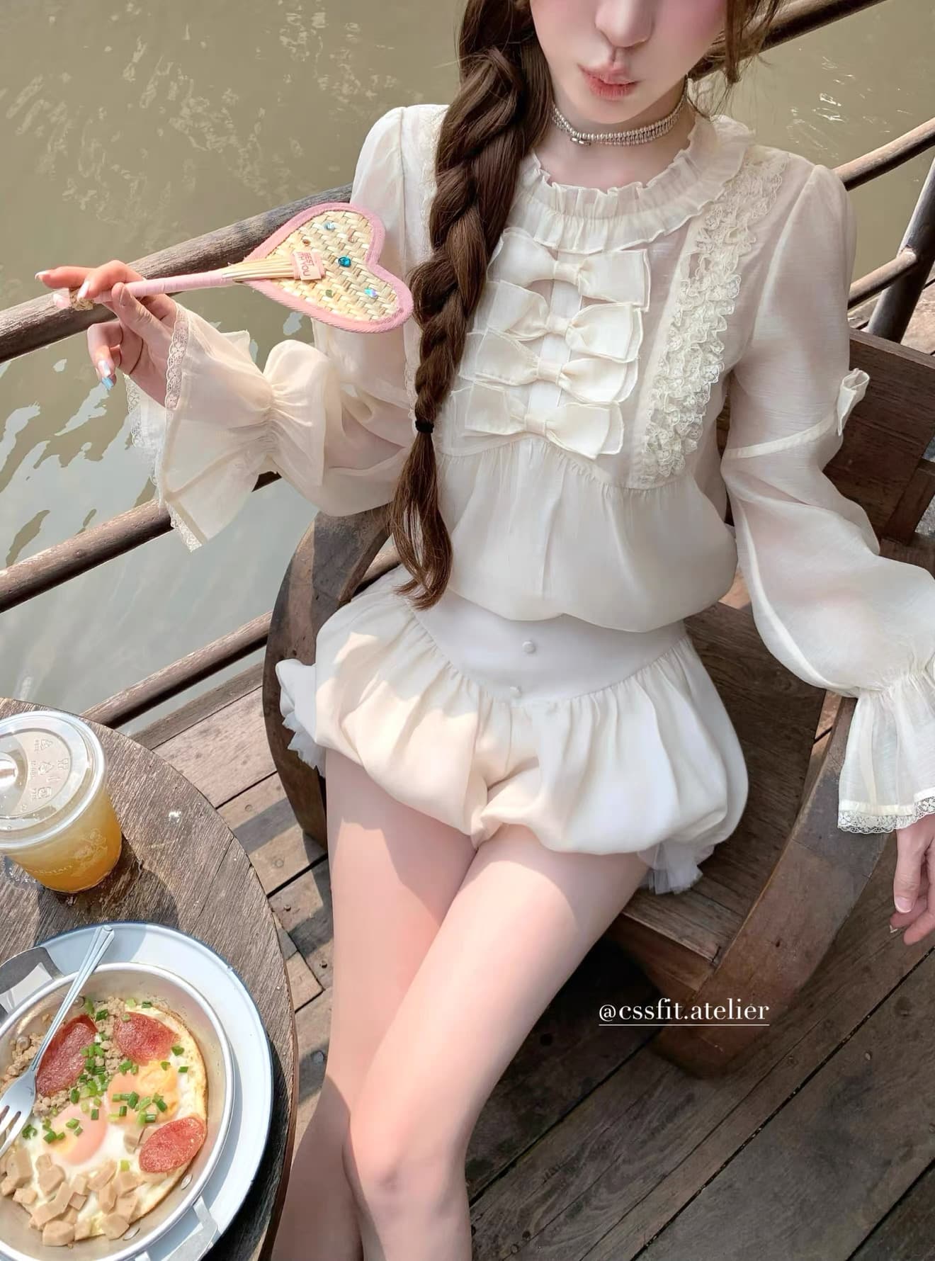 늦게 우산 우산 26 ss 인형 하트 비트 프릴 레이스 레이스 나비 매듭 샴페인 주간 실크 마 여성 셔츠 이미지 2