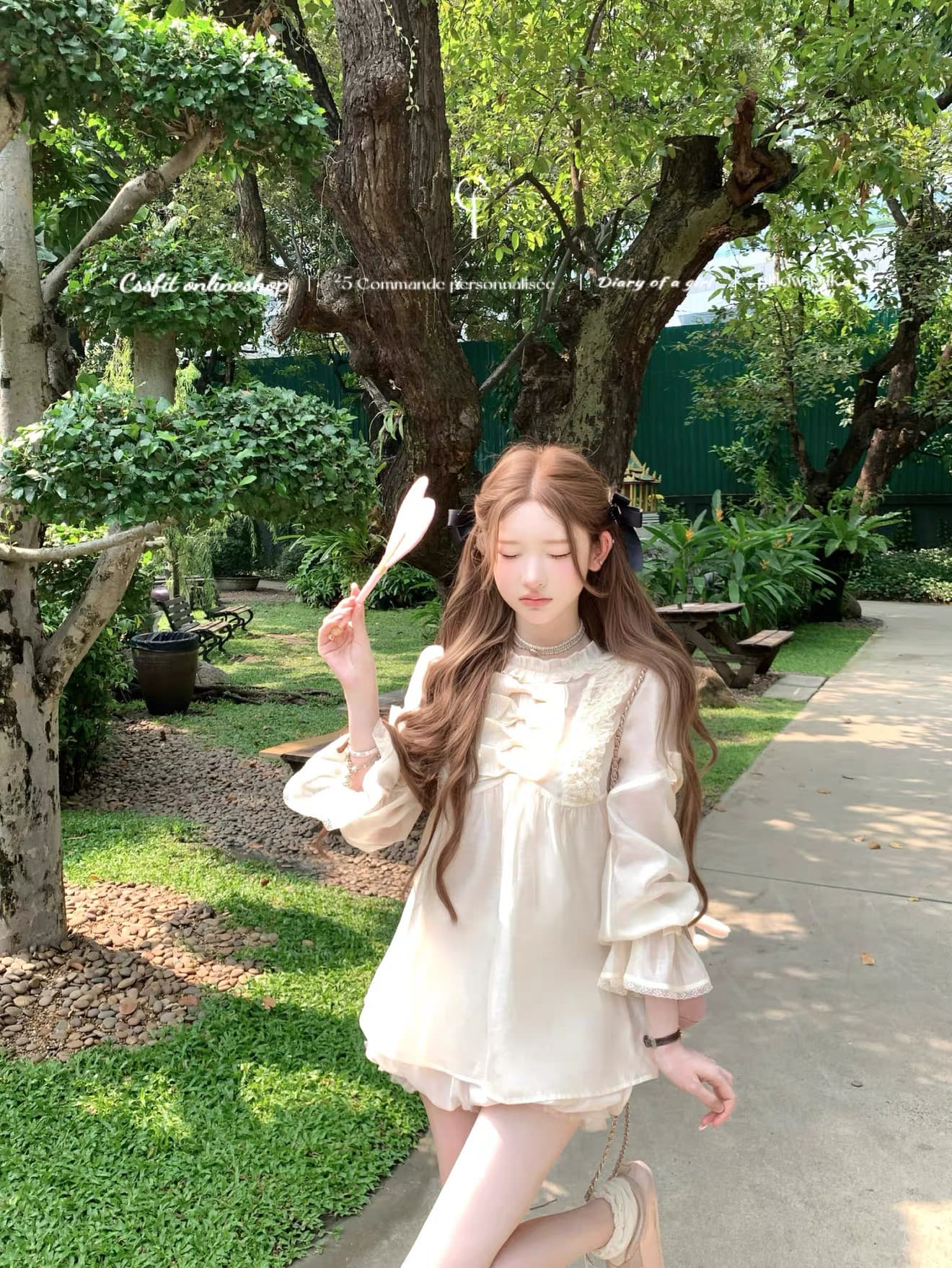 늦게 우산 우산 26 ss 인형 하트 비트 프릴 레이스 레이스 나비 매듭 샴페인 주간 실크 마 여성 셔츠 상세 이미지 1
