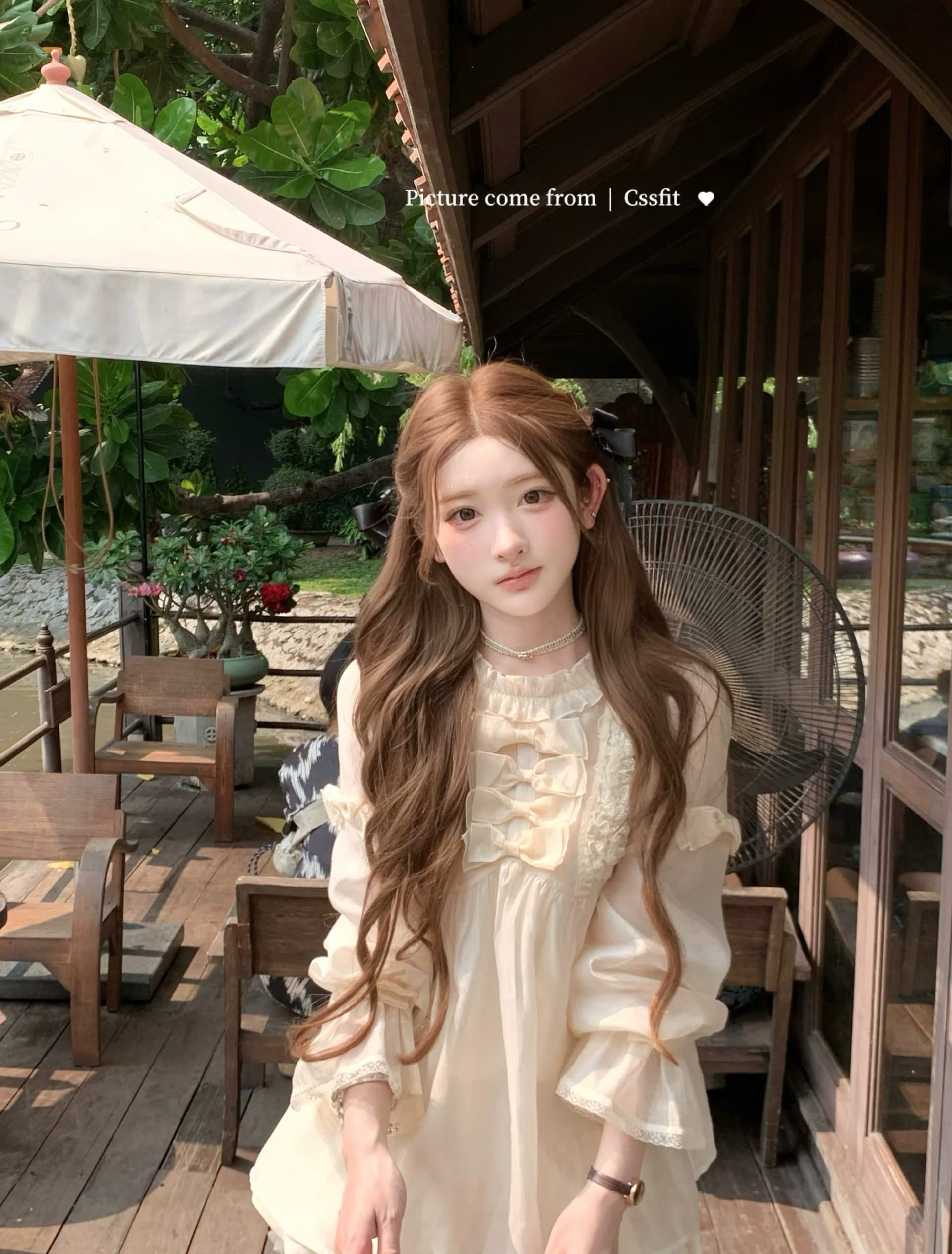 늦게 우산 우산 26 ss 인형 하트 비트 프릴 레이스 레이스 나비 매듭 샴페인 주간 실크 마 여성 셔츠 상세 이미지 5