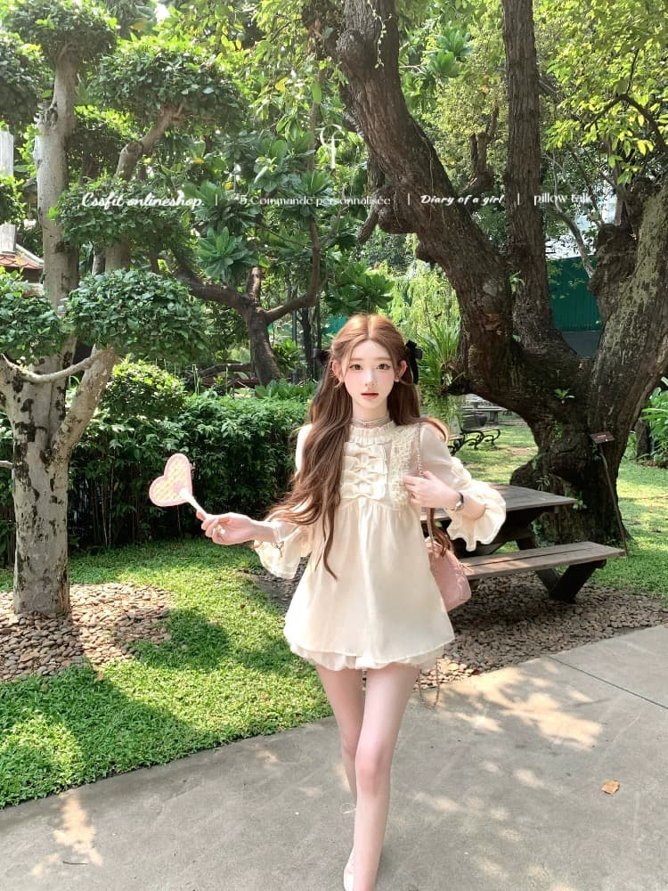 늦게 우산 우산 26 ss 인형 하트 비트 프릴 레이스 레이스 나비 매듭 샴페인 주간 실크 마 여성 셔츠 상세 이미지 7