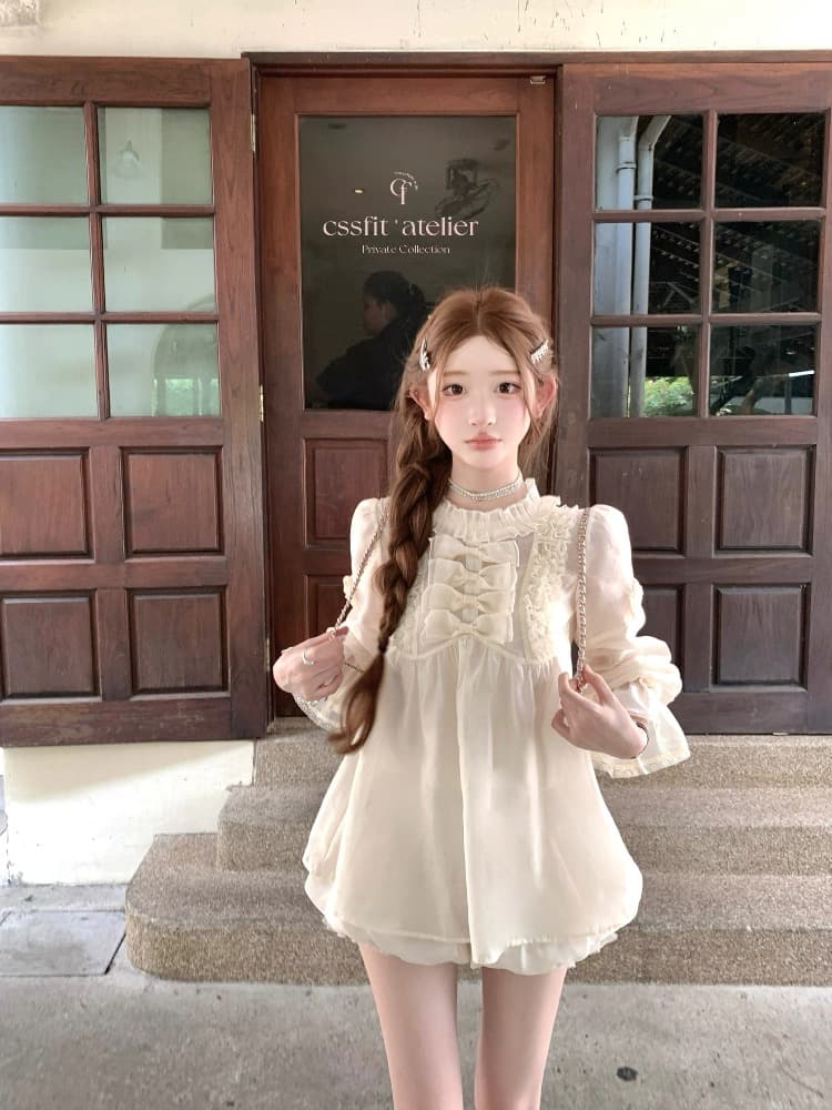 늦게 우산 우산 26 ss 인형 하트 비트 프릴 레이스 레이스 나비 매듭 샴페인 주간 실크 마 여성 셔츠 상세 이미지 8