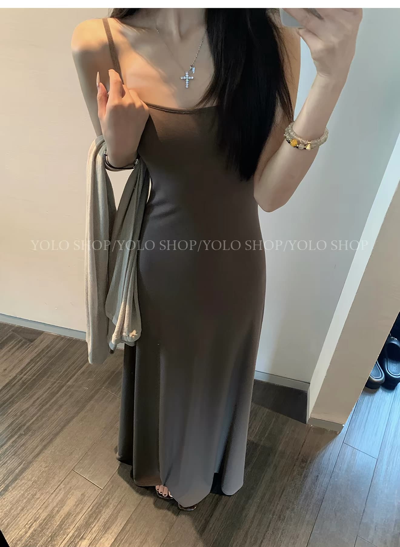 yolo shop 한 부서 느긋한 부드러운 품격 세트 아마 얇은 스타일 숄 몸매 가꾸기 허리 수축 슬립 드레스 이미지 4