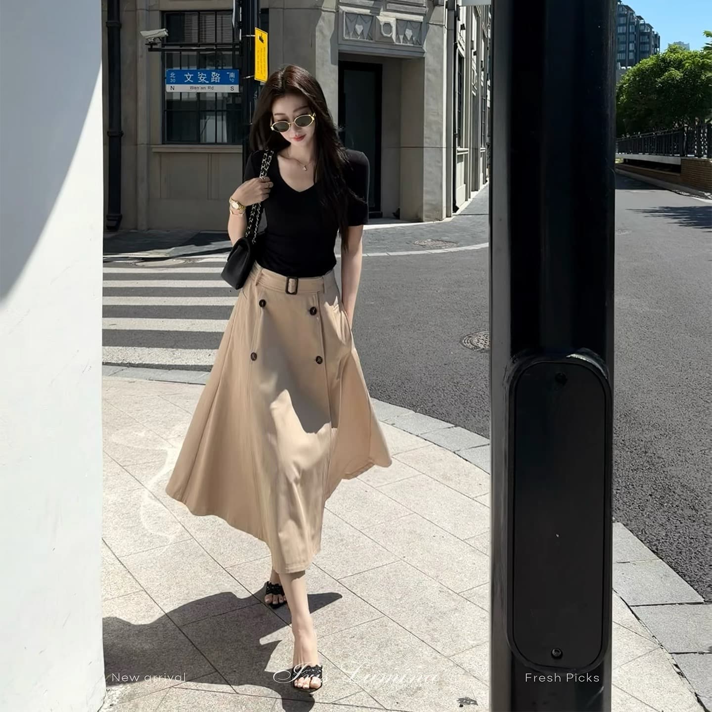 iris lumina 예약하기 어둡고 조용한 상하이 여자 일러스트레이션 영국식 바람 반신 스커트 여성 여름 캐주얼 미니멀리즘 반 스커트 이미지 5