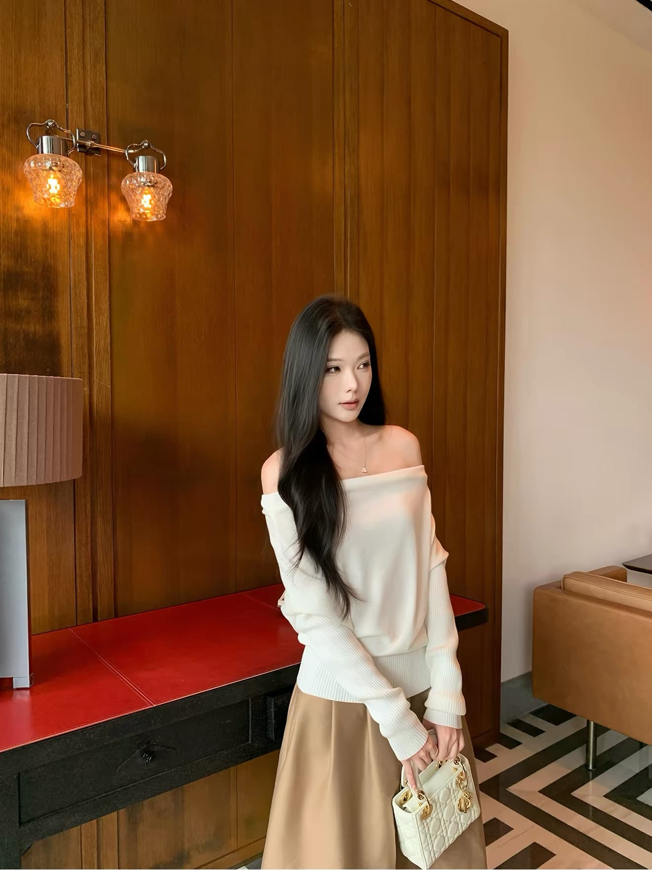 5werkwen 부드러운 지능 자매 오프숄더 비스듬한 어깨 흔들다 칼라 기타 착용 법 풀오버 느긋한 슬림해 보이는 니트 스웨터 상세 이미지 4