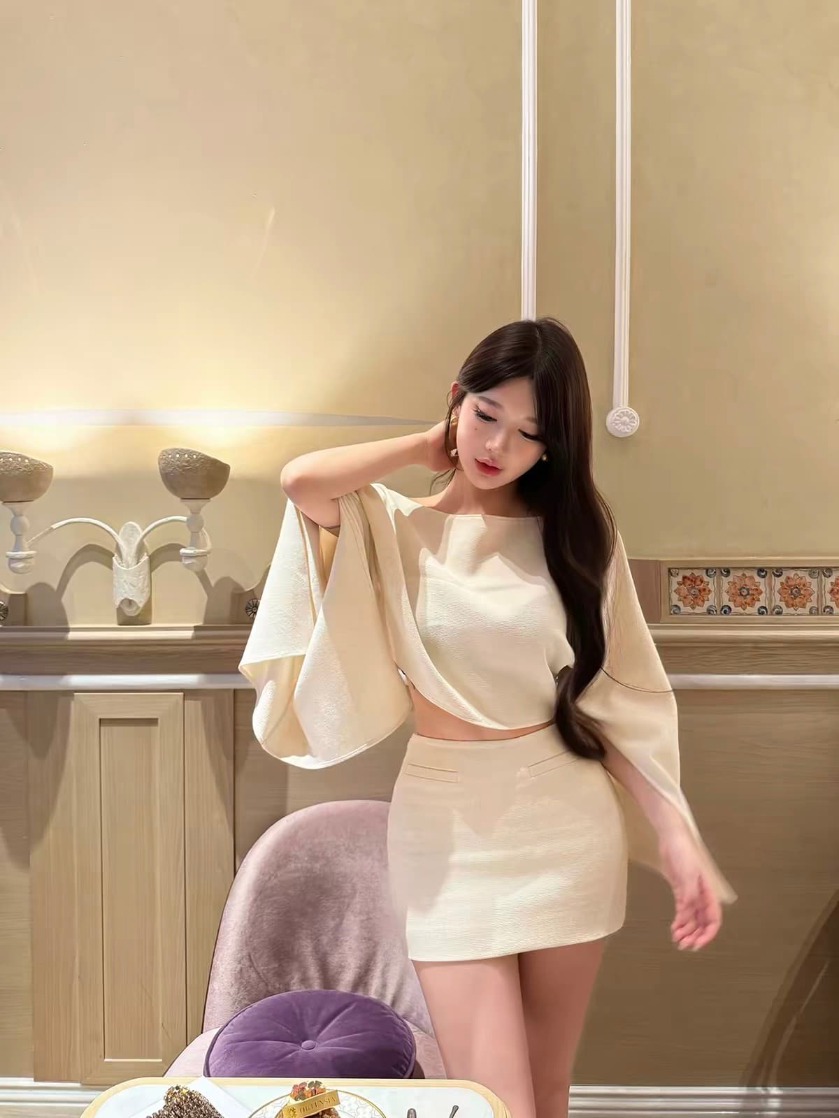 프랑스식 고급 센스 비스듬한 칼라 로얄 자매 품격 세트 미니 스커트 빛 예복 휴가 바람 착용 가져 가라. 상세 이미지 2