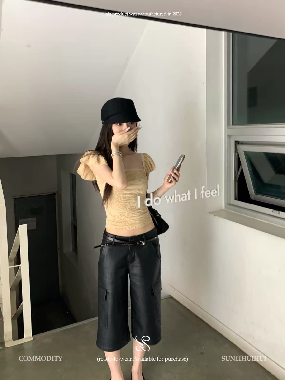 sun11 워크웨어 가죽 바지 검정색 로우 웨이스트 빅 포켓 워크웨어 스트레이트 가죽 바지 여성 가을 캐주얼 반바지 상세 이미지 2