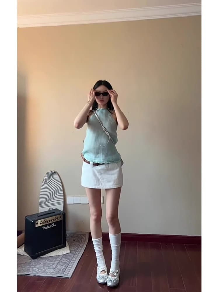 정가 감기 느슨함 센스 세트 여성 여름 박하 녹색 비즈 행침 목 슬립 타이트 스커트 미니 스커트 투피스 세트 상세 이미지 5