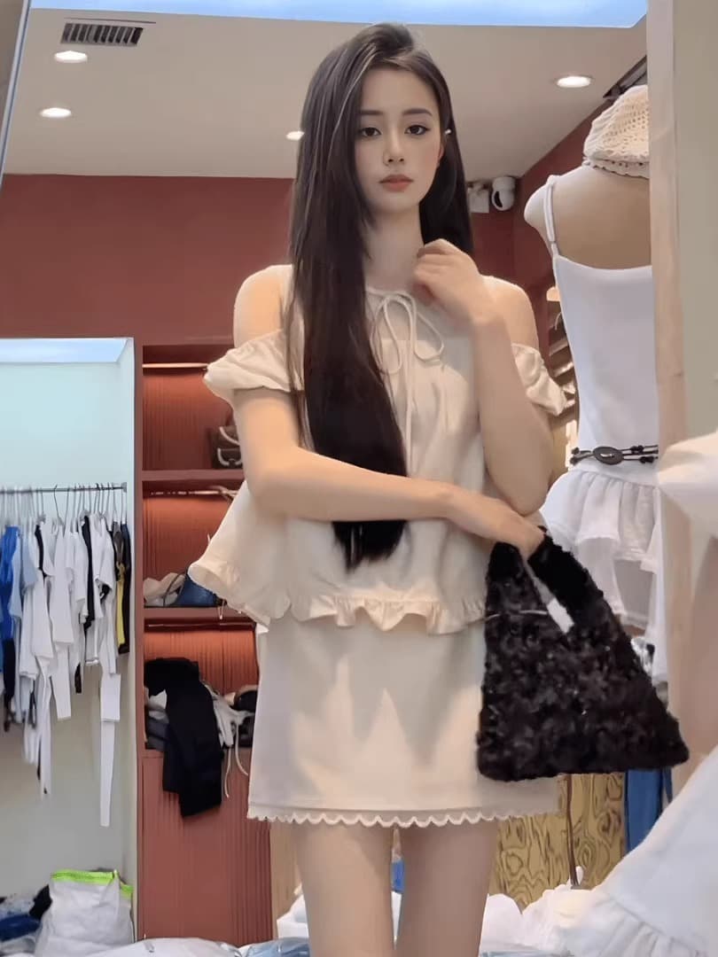 정가 프랑스식 디자인 센스 프릴 달콤함 레이스업 맨위 여성 2026 여름 레이스 미니 스커트 투피스 세트 이미지 2