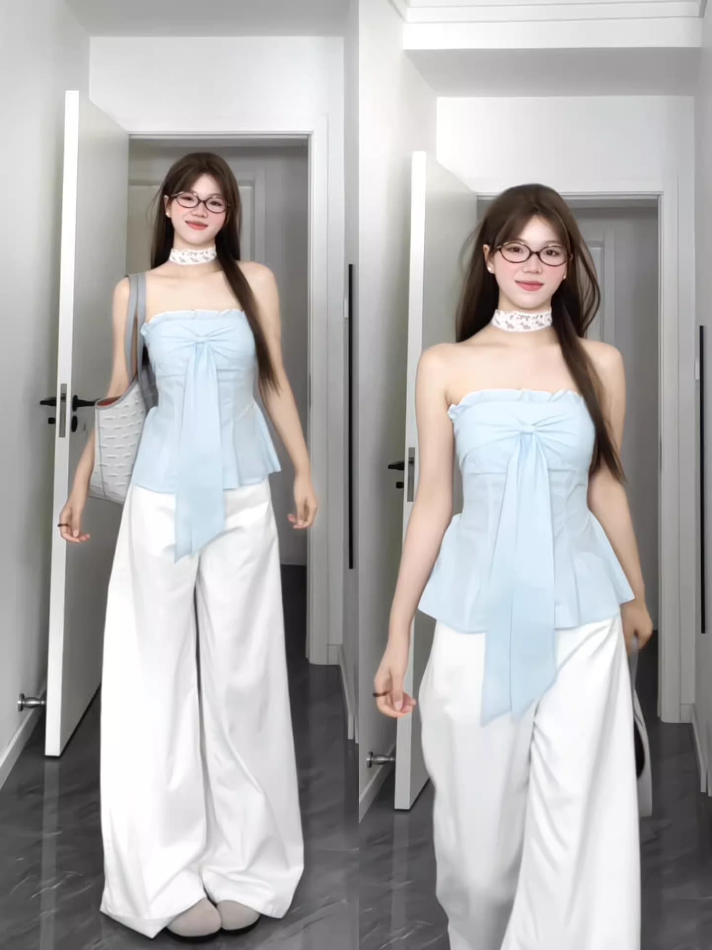 정가 달콤함 귀여운 바람 착용 가져 가라. 프릴 리본 파란색 튜브탑 루즈핏 슬림해 보이는 캐주얼 바지 투피스 세트 이미지 2