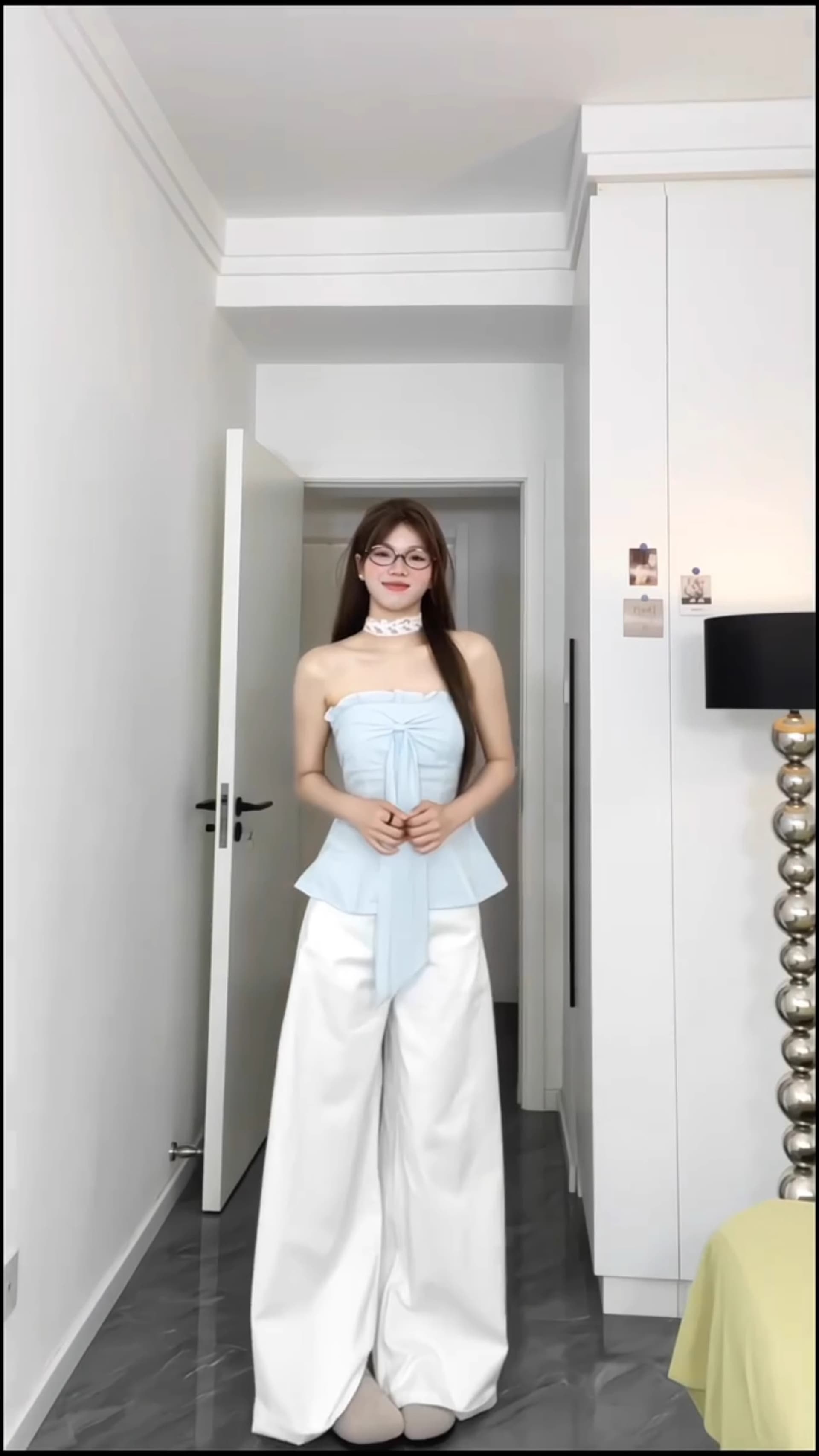 정가 달콤함 귀여운 바람 착용 가져 가라. 프릴 리본 파란색 튜브탑 루즈핏 슬림해 보이는 캐주얼 바지 투피스 세트 상세 이미지 2