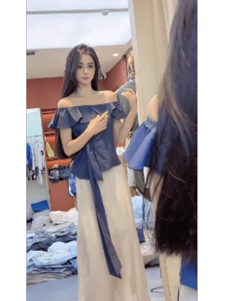 정가 프랑스식 디자인 센스 세트 여성 여름 프릴 맨위 바닥 청소 넓은 다리 캐주얼 바지 투피스 세트 상세 이미지 3