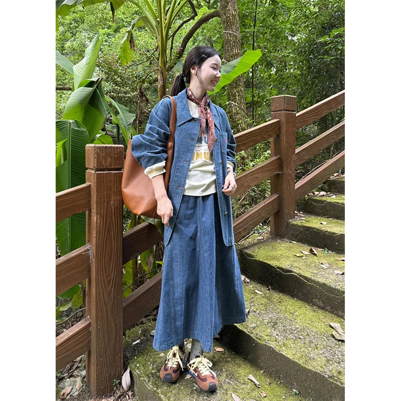 정가 재고 있음 한 부서 복잡한 새로운 데님 재킷 루즈핏 슬림해 보이는 연령 감소 반신 스커트 지방 mm 빅 사이즈 세트 여성 이미지 2