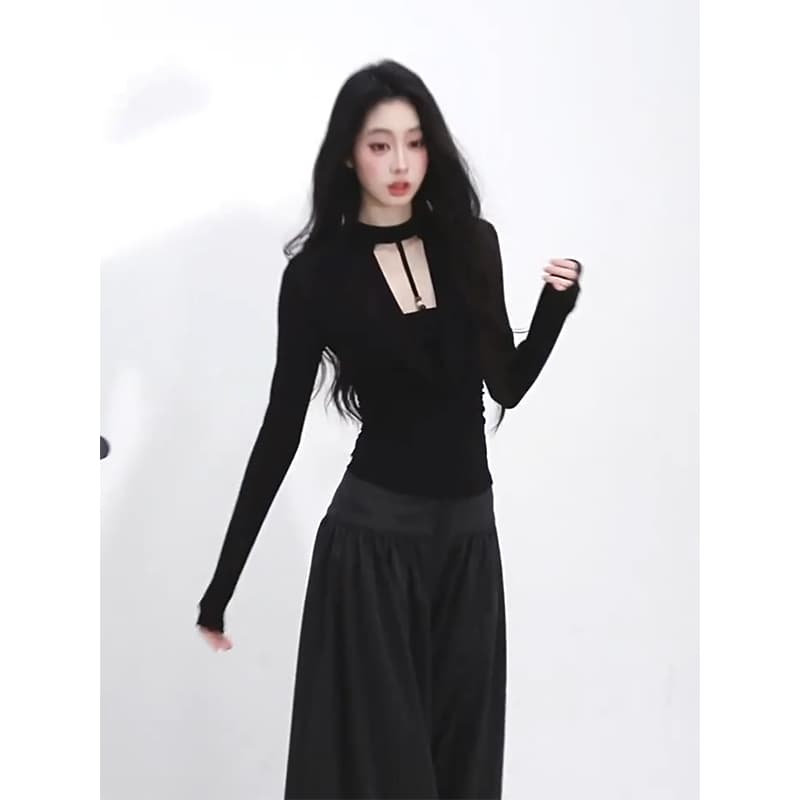 정가 재고 있음 페이크 레이어드 긴팔 순수한 욕망 섹시함 티셔츠 여성 2026 새로운 가을 허리 수축 슬림해 보이는 검정색 맨위 이미지 3