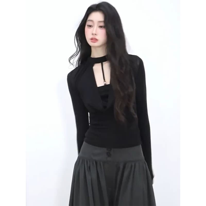 정가 재고 있음 페이크 레이어드 긴팔 순수한 욕망 섹시함 티셔츠 여성 2026 새로운 가을 허리 수축 슬림해 보이는 검정색 맨위 이미지 4