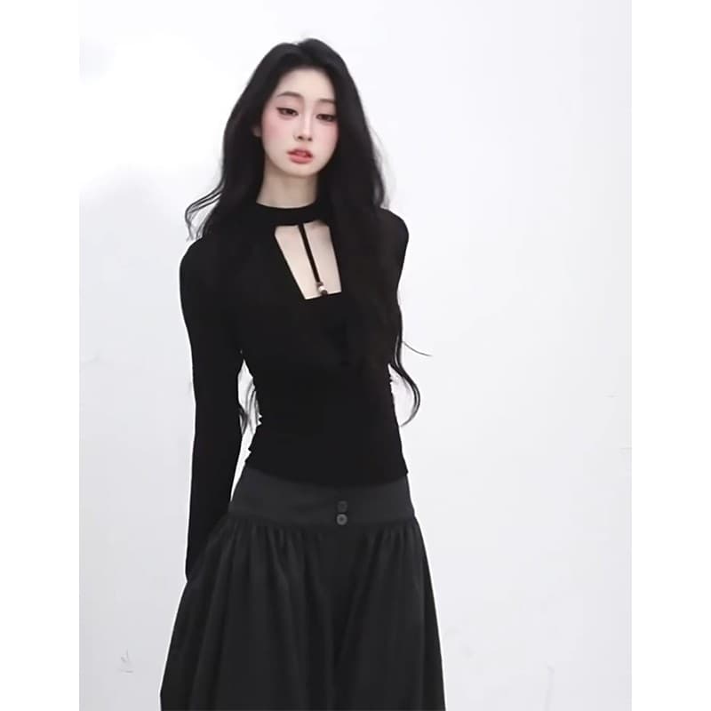 정가 재고 있음 페이크 레이어드 긴팔 순수한 욕망 섹시함 티셔츠 여성 2026 새로운 가을 허리 수축 슬림해 보이는 검정색 맨위 상세 이미지 3