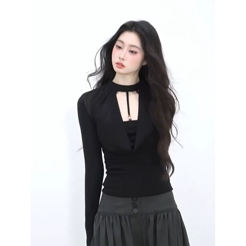 정가 재고 있음 페이크 레이어드 긴팔 순수한 욕망 섹시함 티셔츠 여성 2026 새로운 가을 허리 수축 슬림해 보이는 검정색 맨위 상세 이미지 5