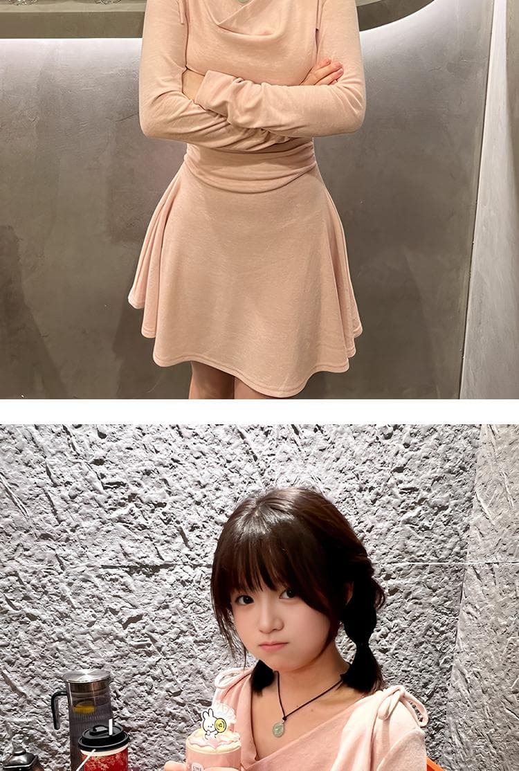 정가 재고 있음 달콤함 패션 나비 넥타이 긴팔 여성 드레스 가을 새로운 슬림해 보이는 한 마디 짧은 치마 이미지 2