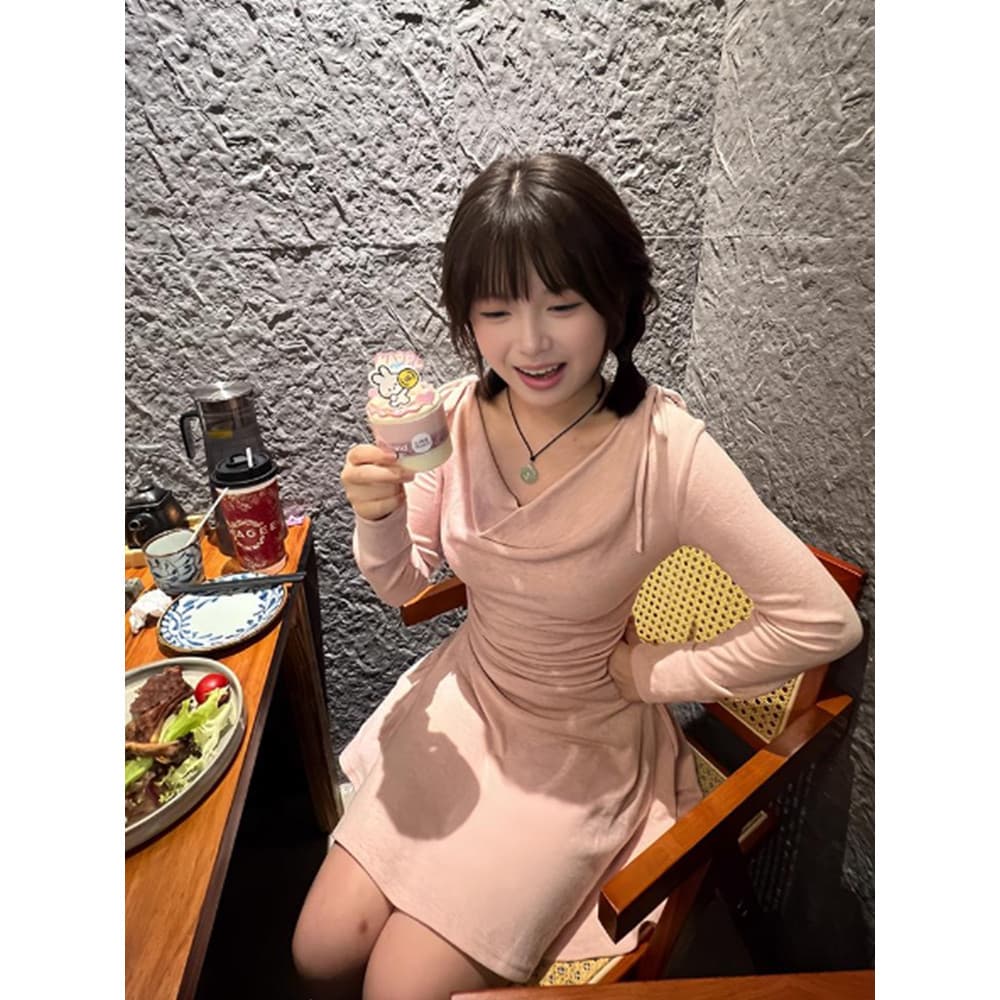 정가 재고 있음 달콤함 패션 나비 넥타이 긴팔 여성 드레스 가을 새로운 슬림해 보이는 한 마디 짧은 치마 상세 이미지 2