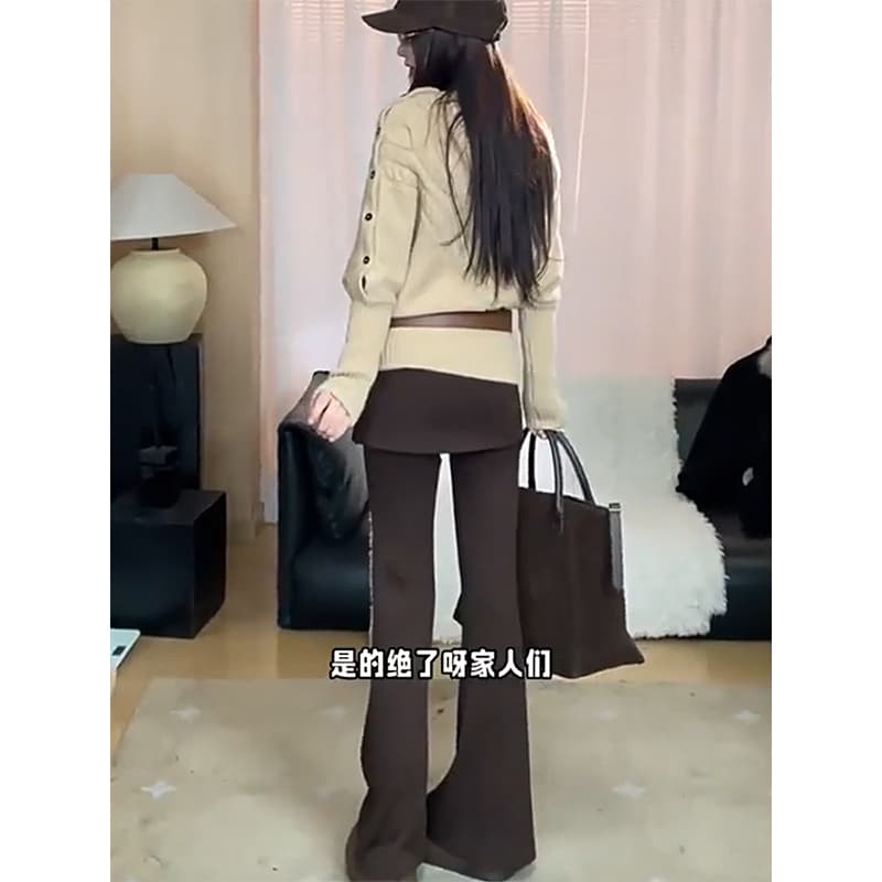 정가 재고 있음 레트로 브라운 페이크 레이어드 나팔 바지 단추 장식 하이웨이스트 부츠컷 가을 겨울 핫걸 슬림해 보이는 작은 대중 이미지 5