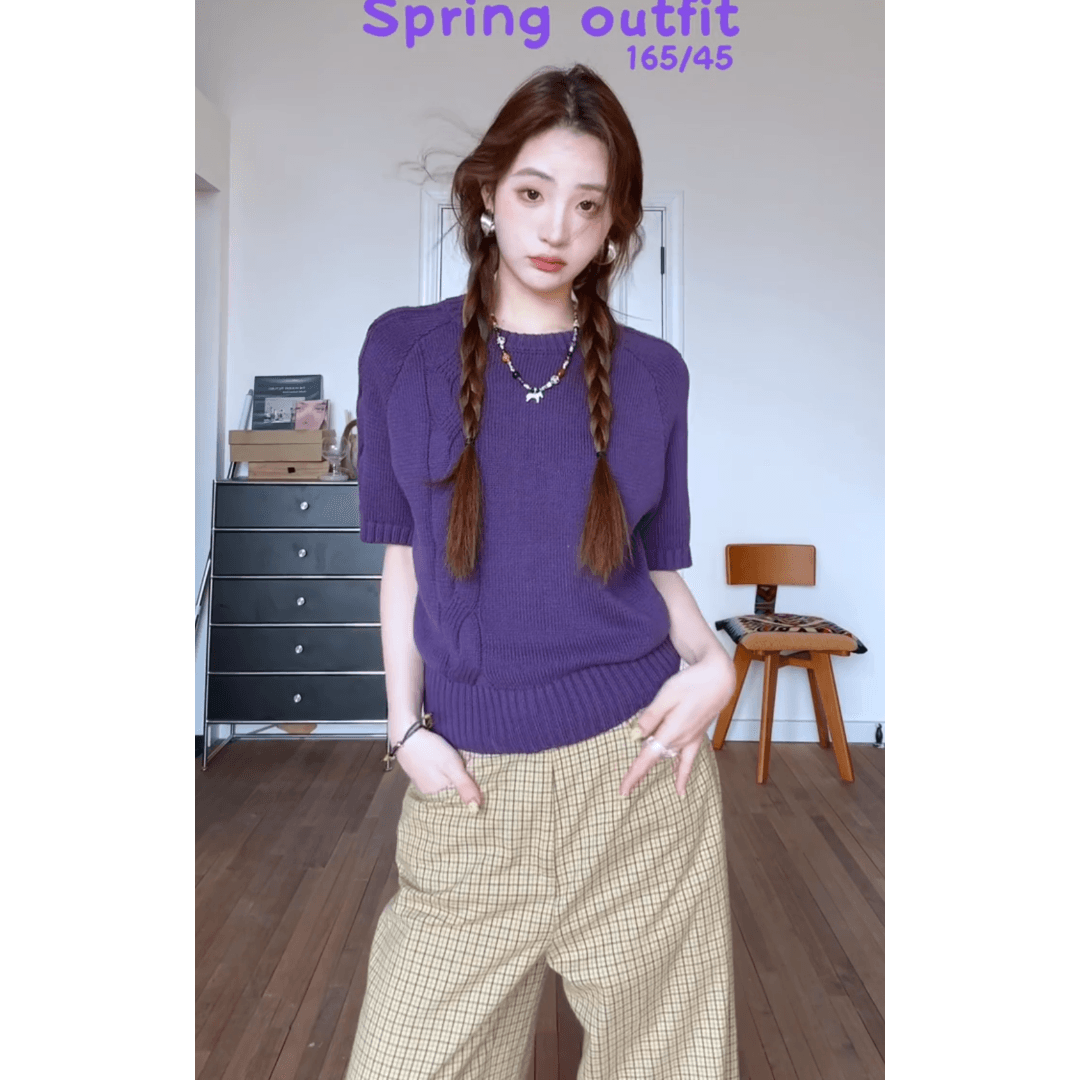 정가 재고 있음 한 부서 부드러운 바람 보라색 부드러운 찹쌀 니트 스웨터 스웨터 다용도 체크무늬 캐주얼 와이드 레그 팬츠 세트 상세 이미지 3