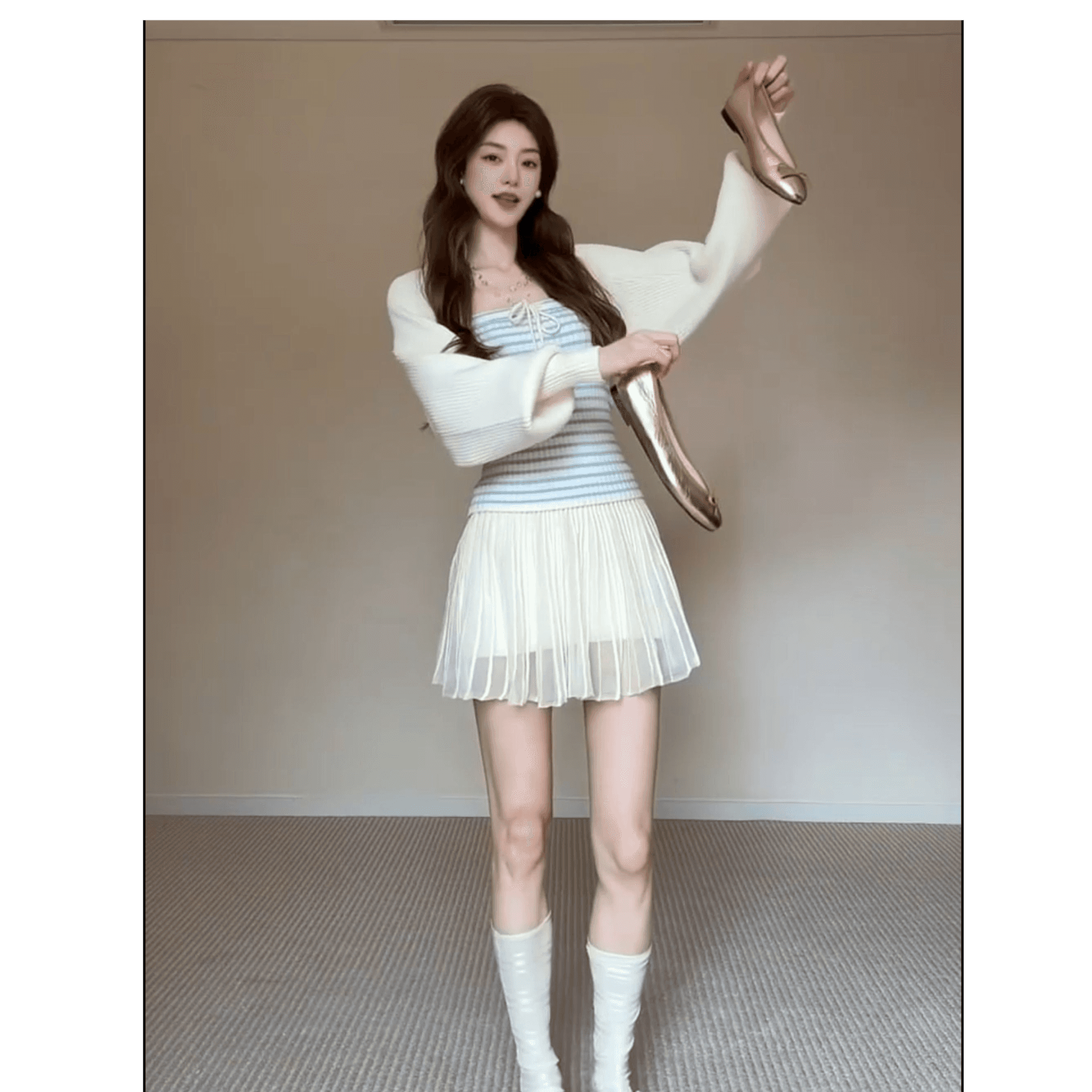 정가 재고 있음 한 부서 부드러운 찹쌀 니트 스웨터 스택 착용 슬립 맨위 여성 가을 새로운 망사 반신 치마 세트 이미지 2