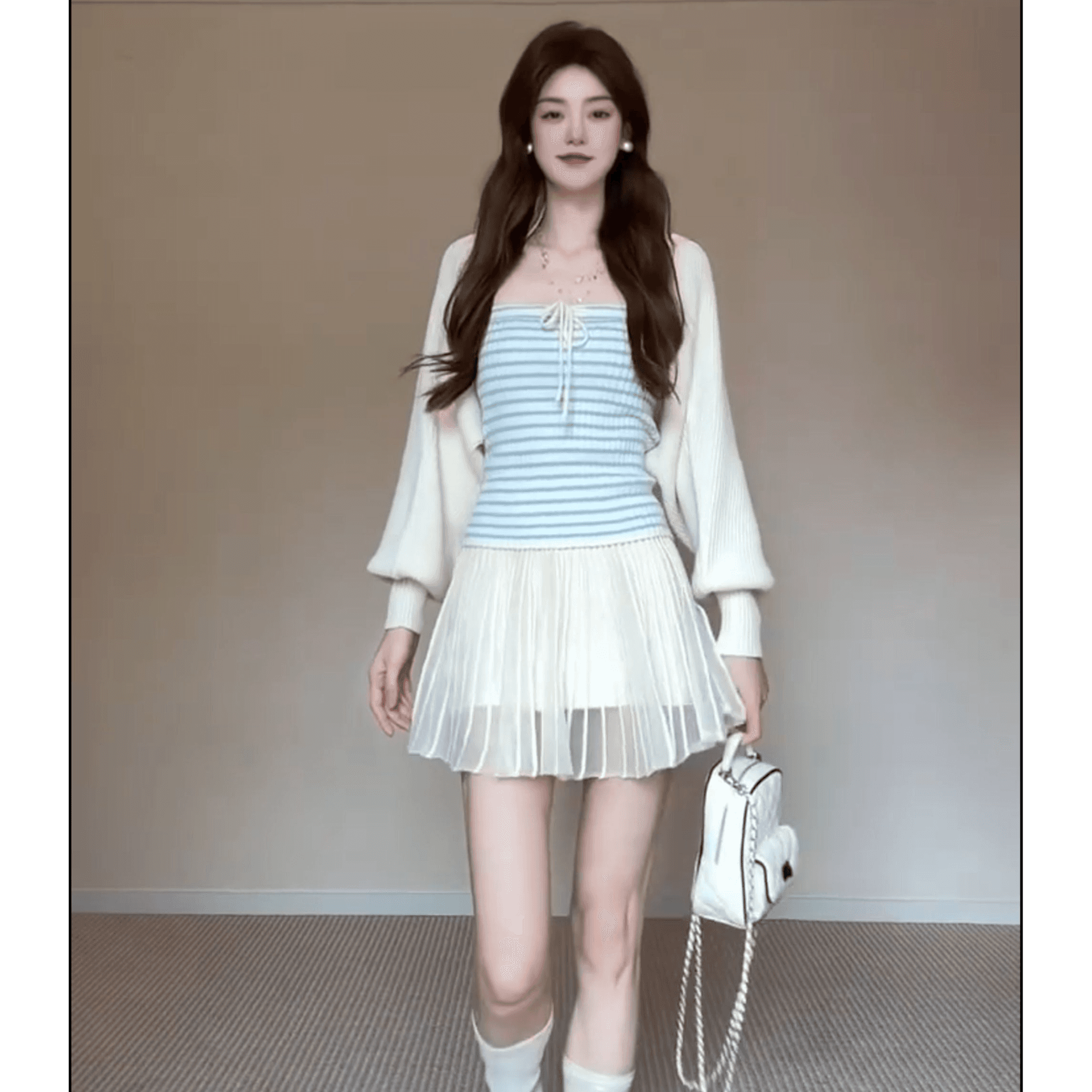 정가 재고 있음 한 부서 부드러운 찹쌀 니트 스웨터 스택 착용 슬립 맨위 여성 가을 새로운 망사 반신 치마 세트 상세 이미지 3