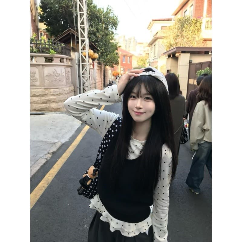 정가 재고 있음 한 부서 분위기 센스 도트 무늬 프릴 맨위 투피스 세트 루즈핏 느긋한 캐주얼 바지 아름다운 로드 중 이미지 3