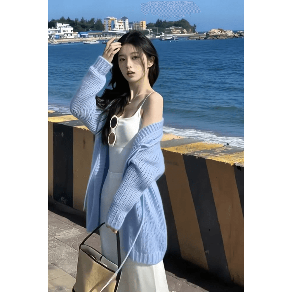 정가 재고 있음 한 부서 부드러운 바람 스트랩 양성 및 음성 웨어러블 스웨터 여자 가을 새로운 하이웨이스트 반신 치마 세트 이미지 5