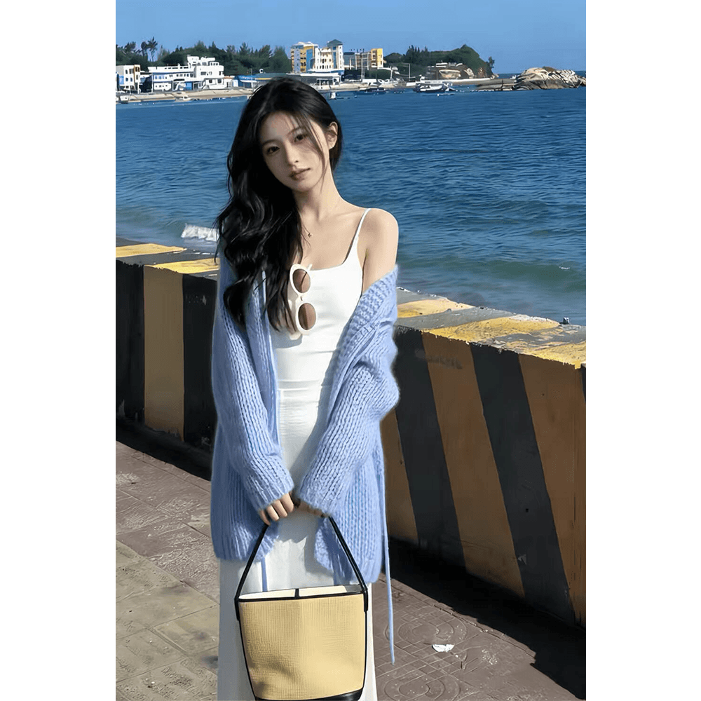 정가 재고 있음 한 부서 부드러운 바람 스트랩 양성 및 음성 웨어러블 스웨터 여자 가을 새로운 하이웨이스트 반신 치마 세트 상세 이미지 2