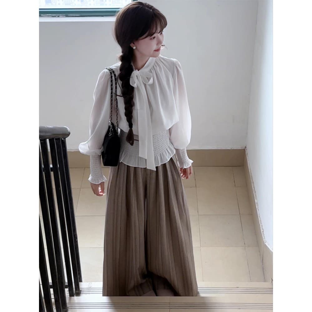 정가 재고 있음 한 부서 패션 바람 레이스 업 셔츠 맨위 여성 가을 새로운 몸매 가꾸기 넓은 다리 캐주얼 바지 세트 이미지 2