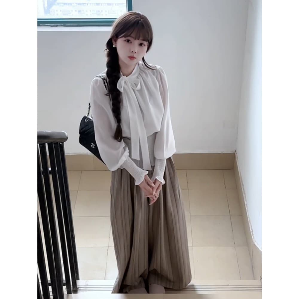 정가 재고 있음 한 부서 패션 바람 레이스 업 셔츠 맨위 여성 가을 새로운 몸매 가꾸기 넓은 다리 캐주얼 바지 세트 상세 이미지 3