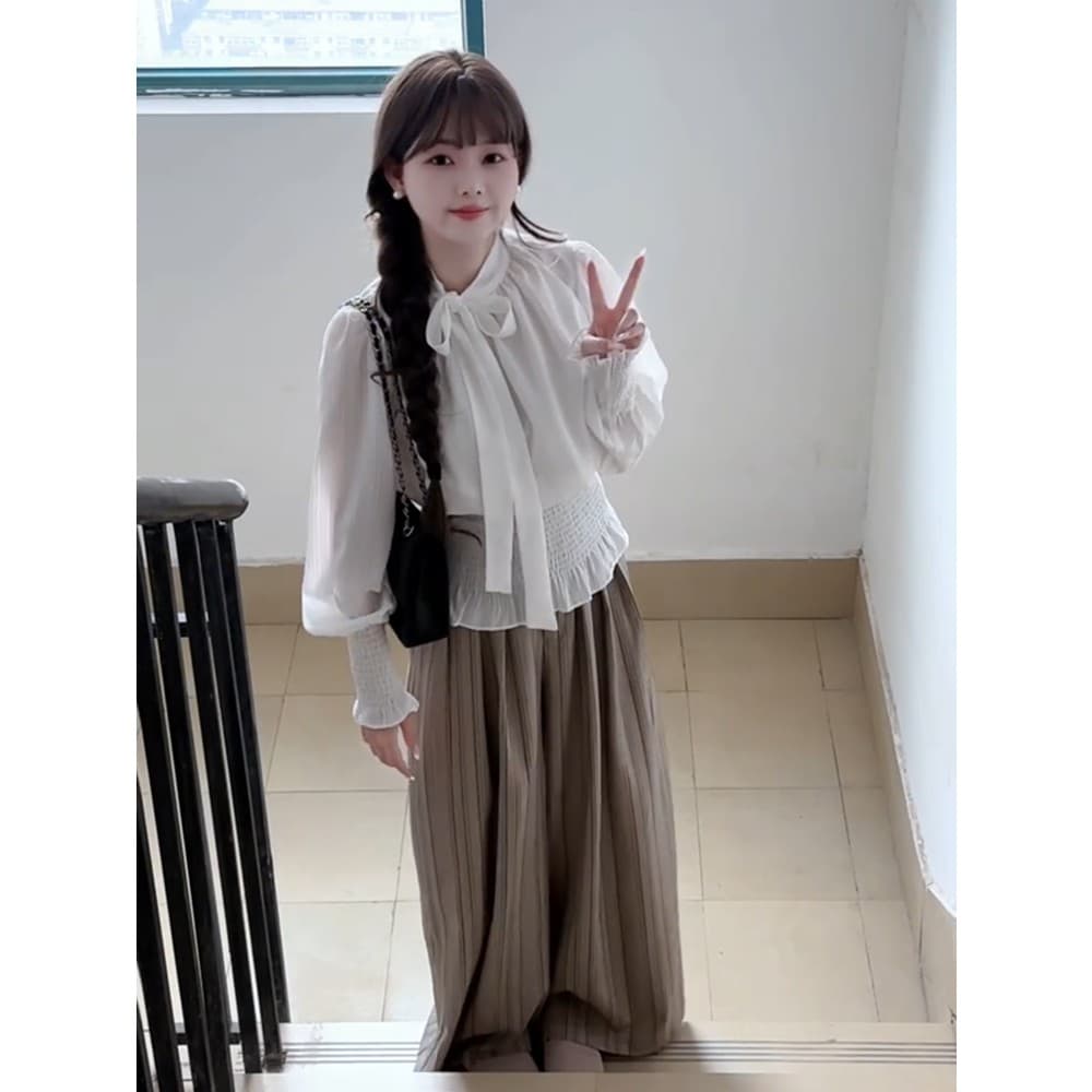 정가 재고 있음 한 부서 패션 바람 레이스 업 셔츠 맨위 여성 가을 새로운 몸매 가꾸기 넓은 다리 캐주얼 바지 세트 상세 이미지 4